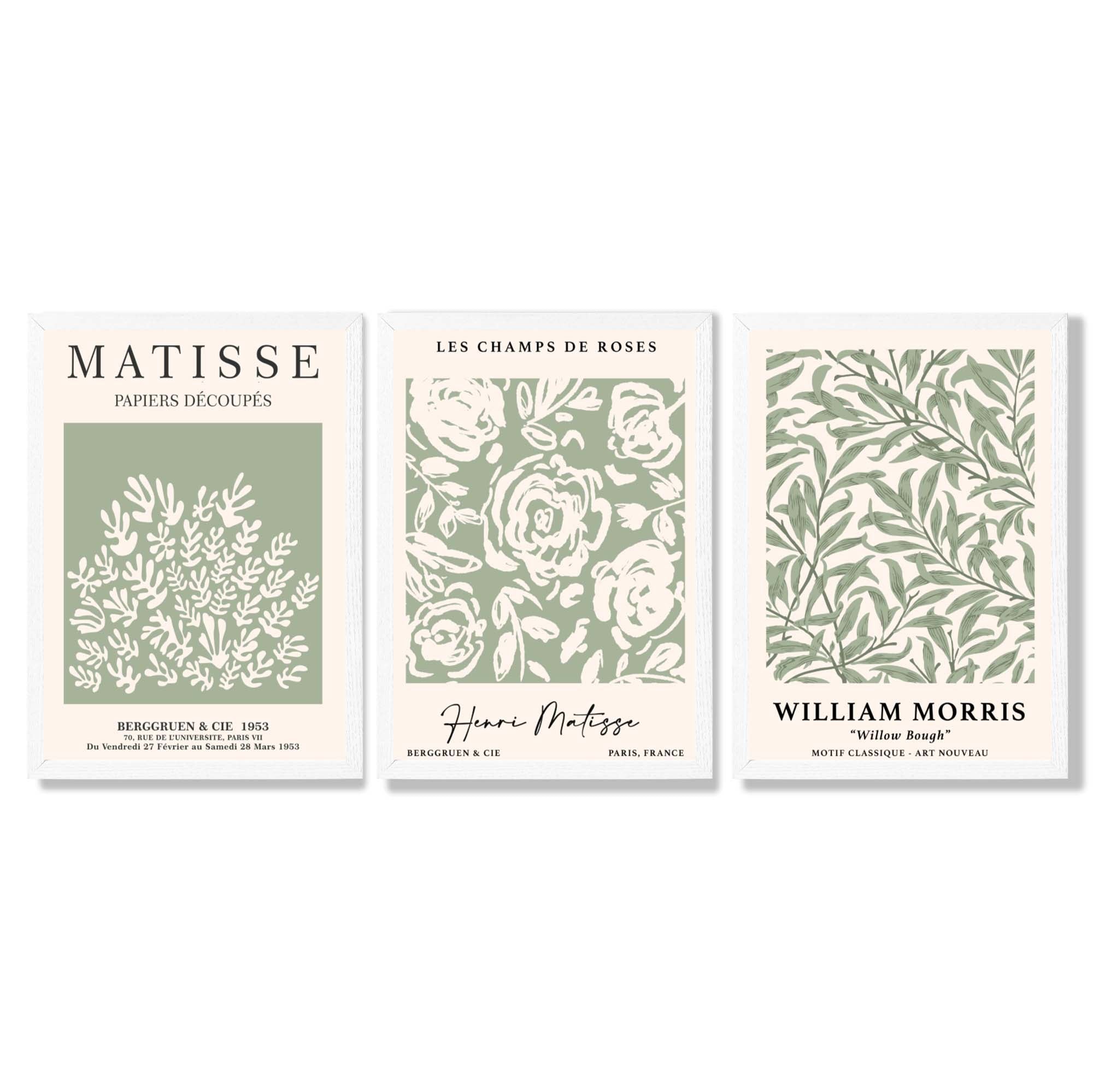 Set of 3 Matisse and William Morris Sage Green Floral Framed Art Prints with White Wooden Frames