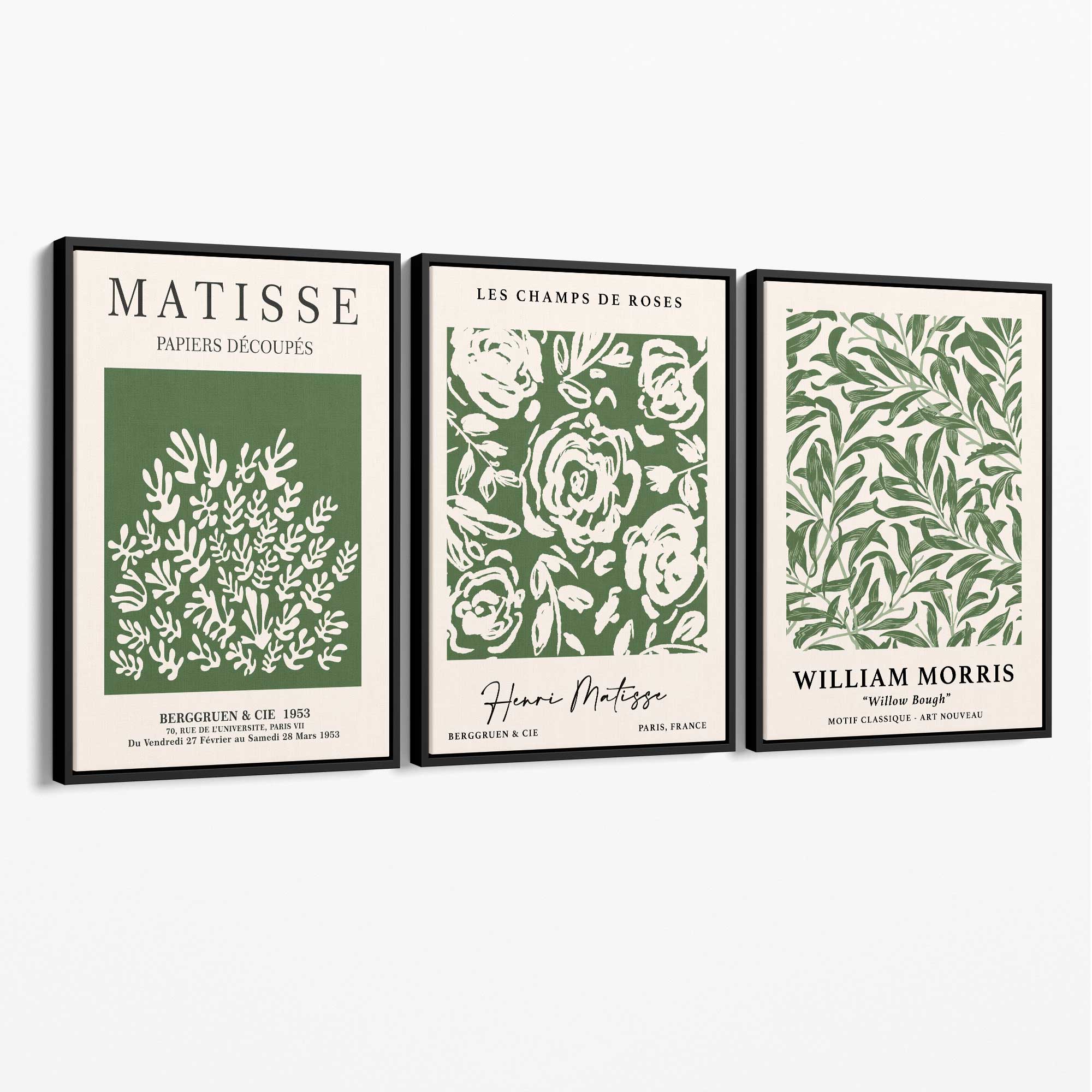 Set of 3 Matisse and William Morris Green Floral Canvas Art Prints with Black Float Frame