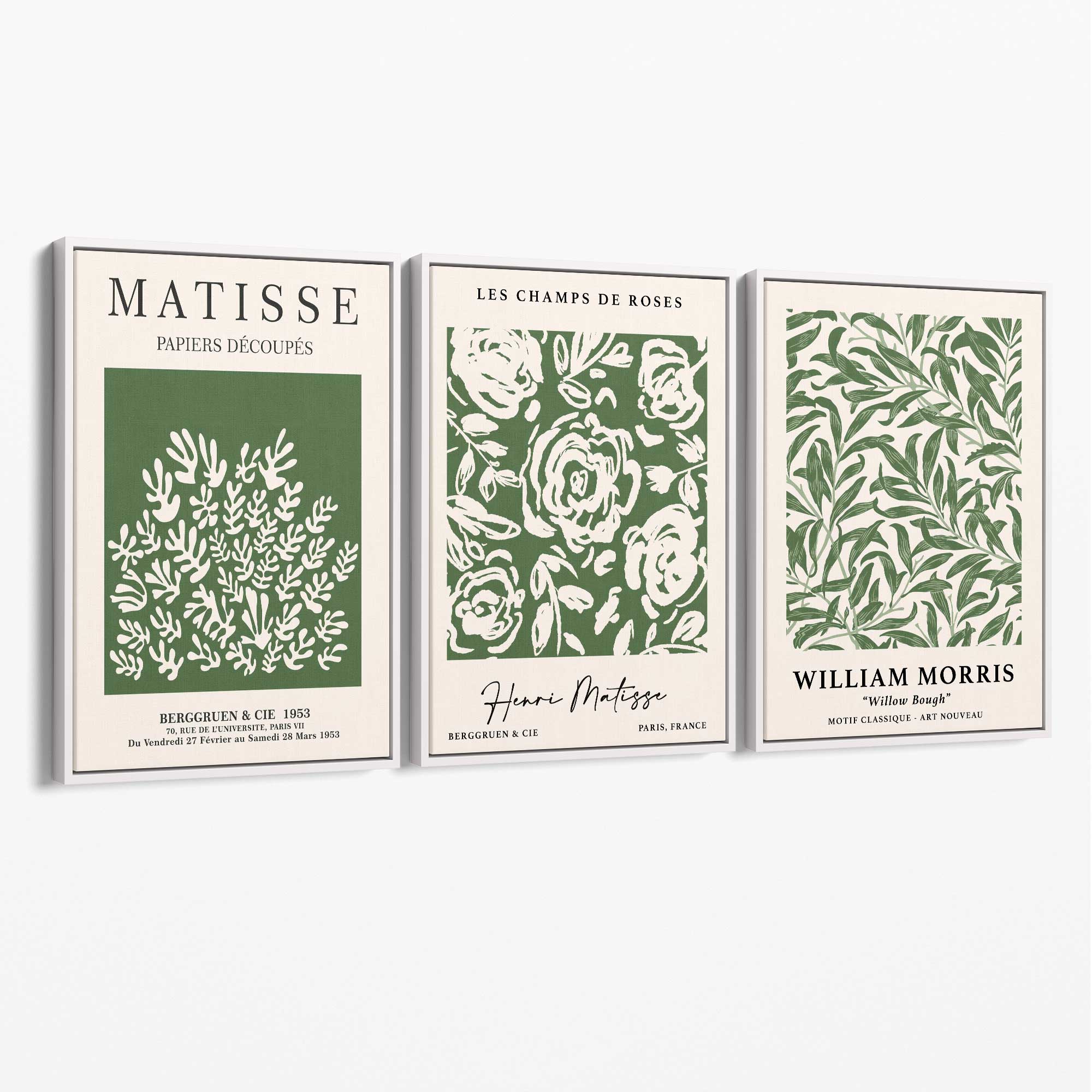 Set of 3 Matisse and William Morris Green Floral Canvas Art Prints with White Float Frame