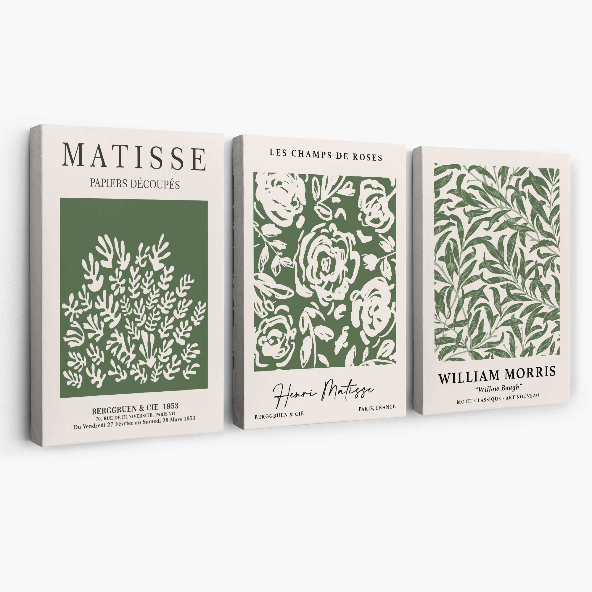 Set of 3 Matisse and William Morris Green Floral Canvas Art Prints | Artze Wall Art