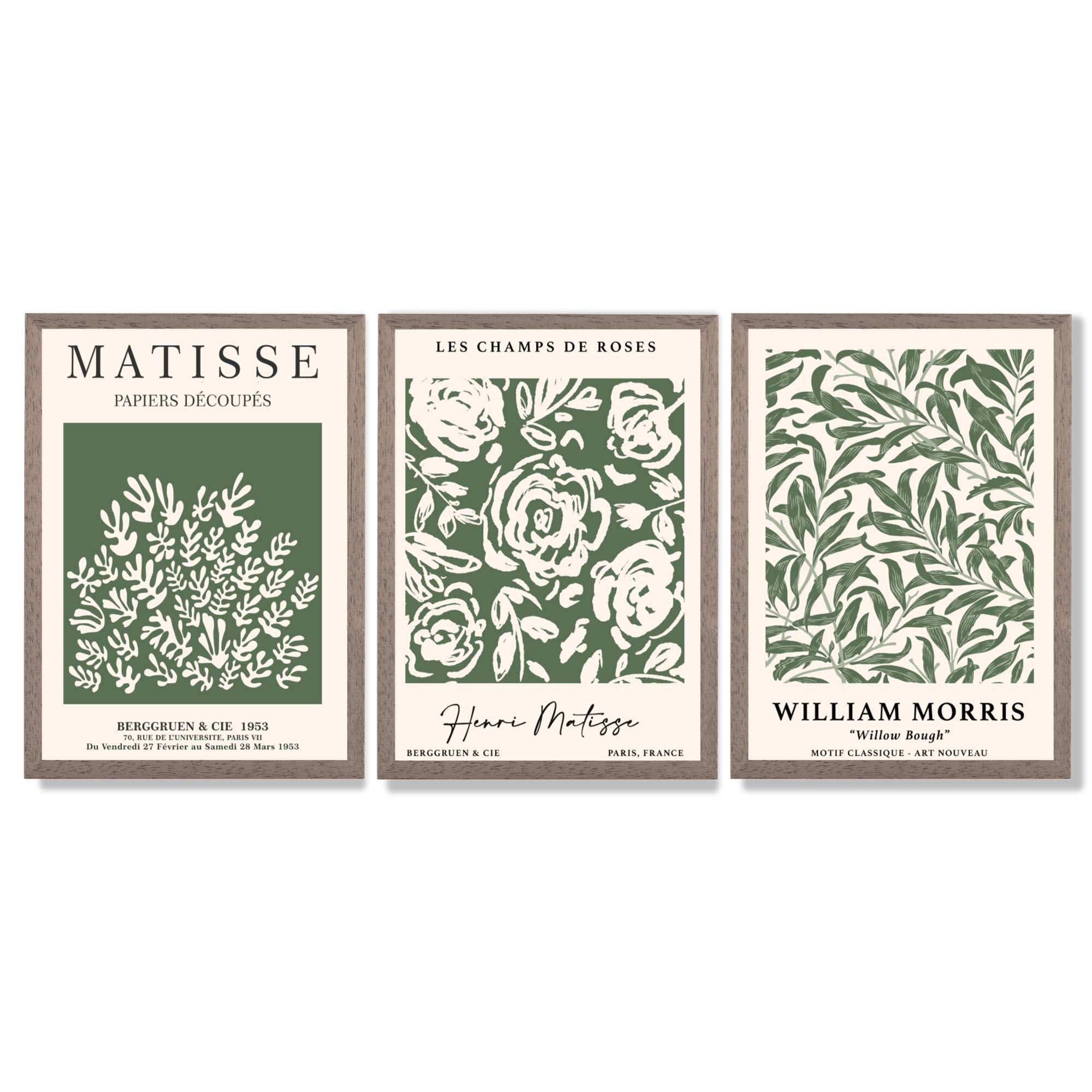 Set of 3 Matisse and William Morris Green Floral Framed Art Prints with Light Walnut Frames