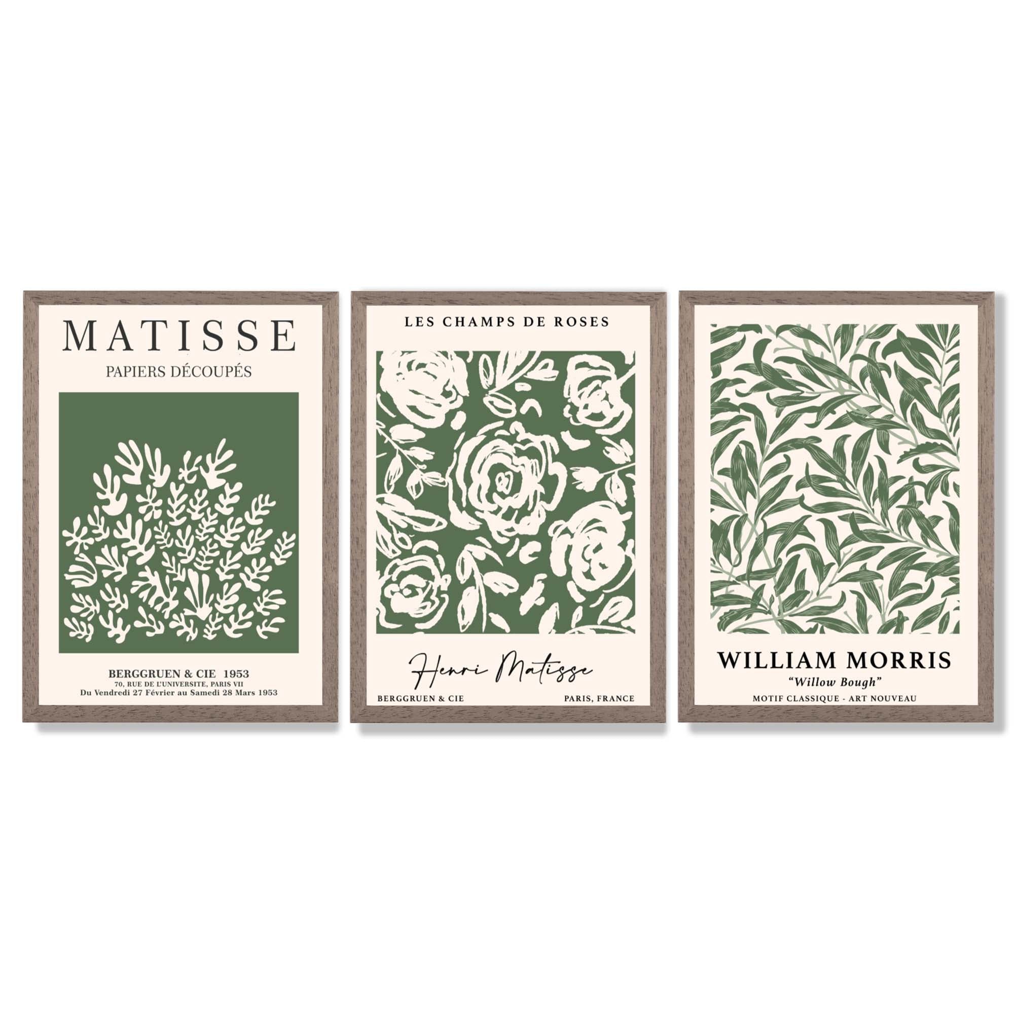 Set of 3 Matisse and William Morris Green Floral Framed Art Prints with Light Walnut Frames