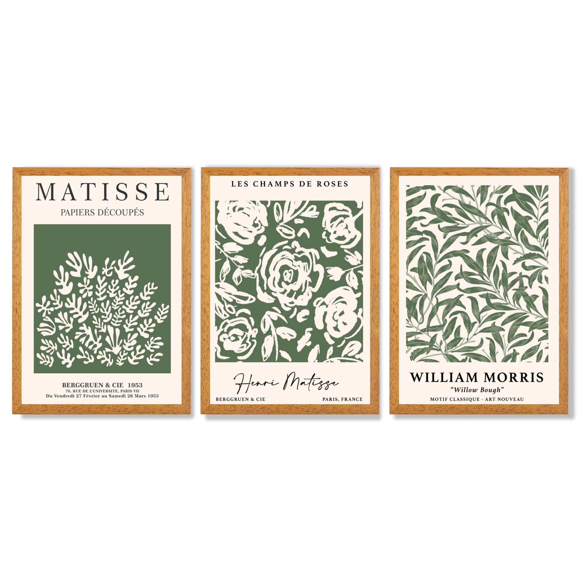 Set of 3 Matisse and William Morris Green Floral Framed Art Prints with Oak Wooden Frames