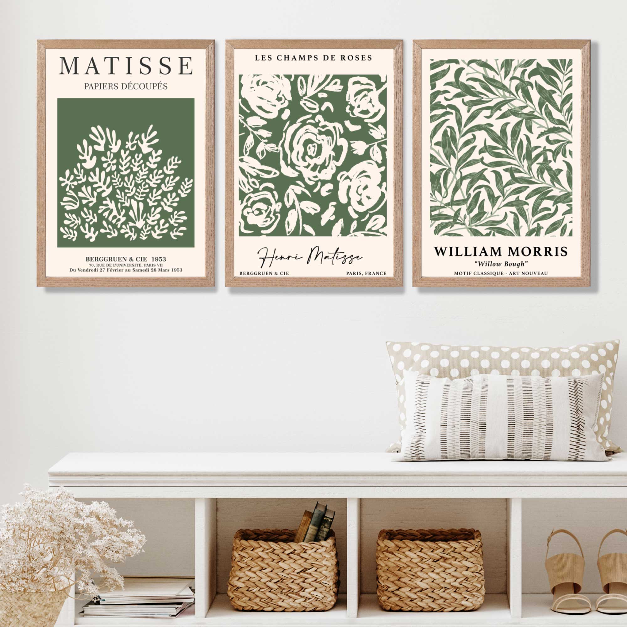 Set of 3 Matisse and William Morris Green Floral Art Prints in Oak Frames | Artze UK