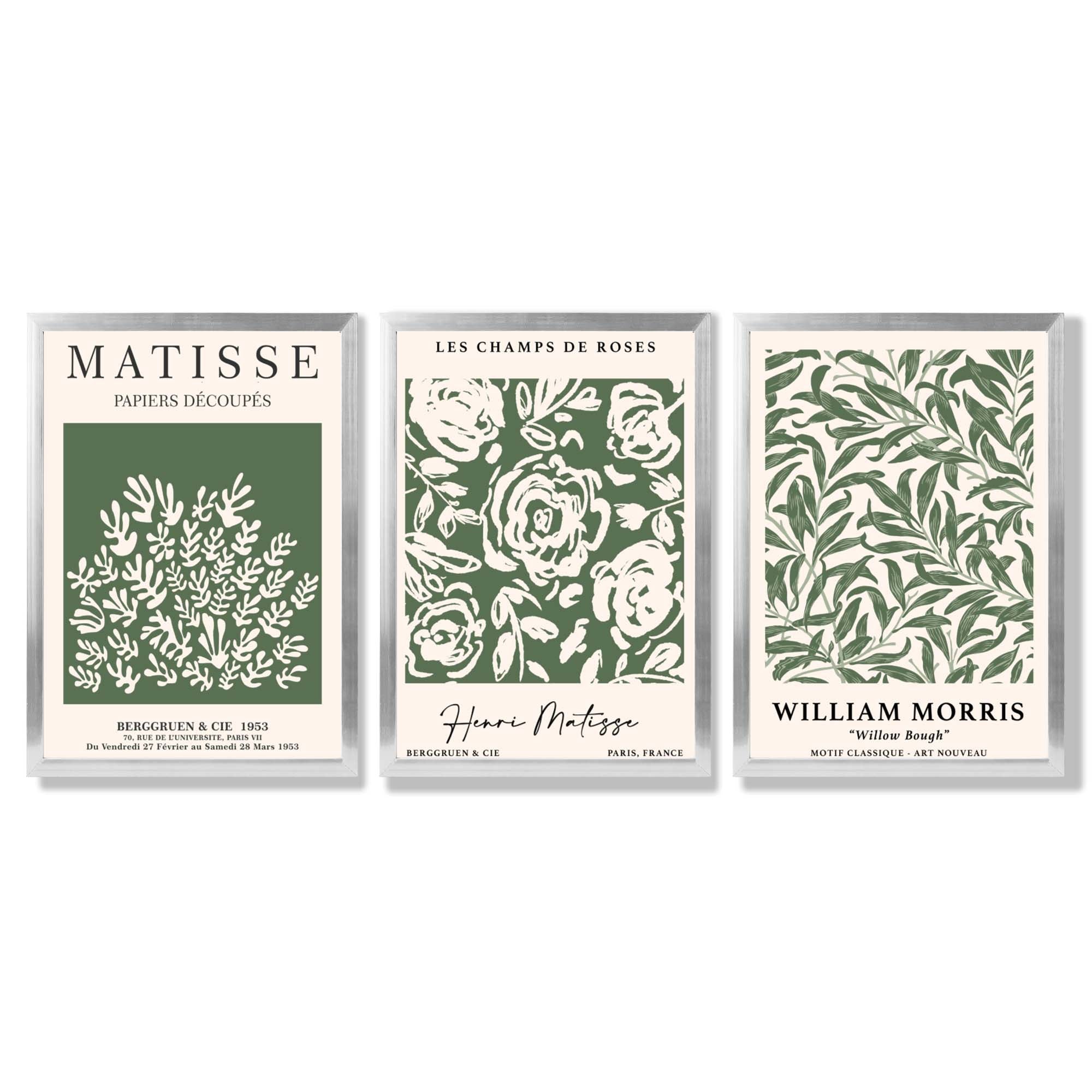 Set of 3 Matisse and William Morris Green Floral Framed Art Prints with Silver Wood Frames