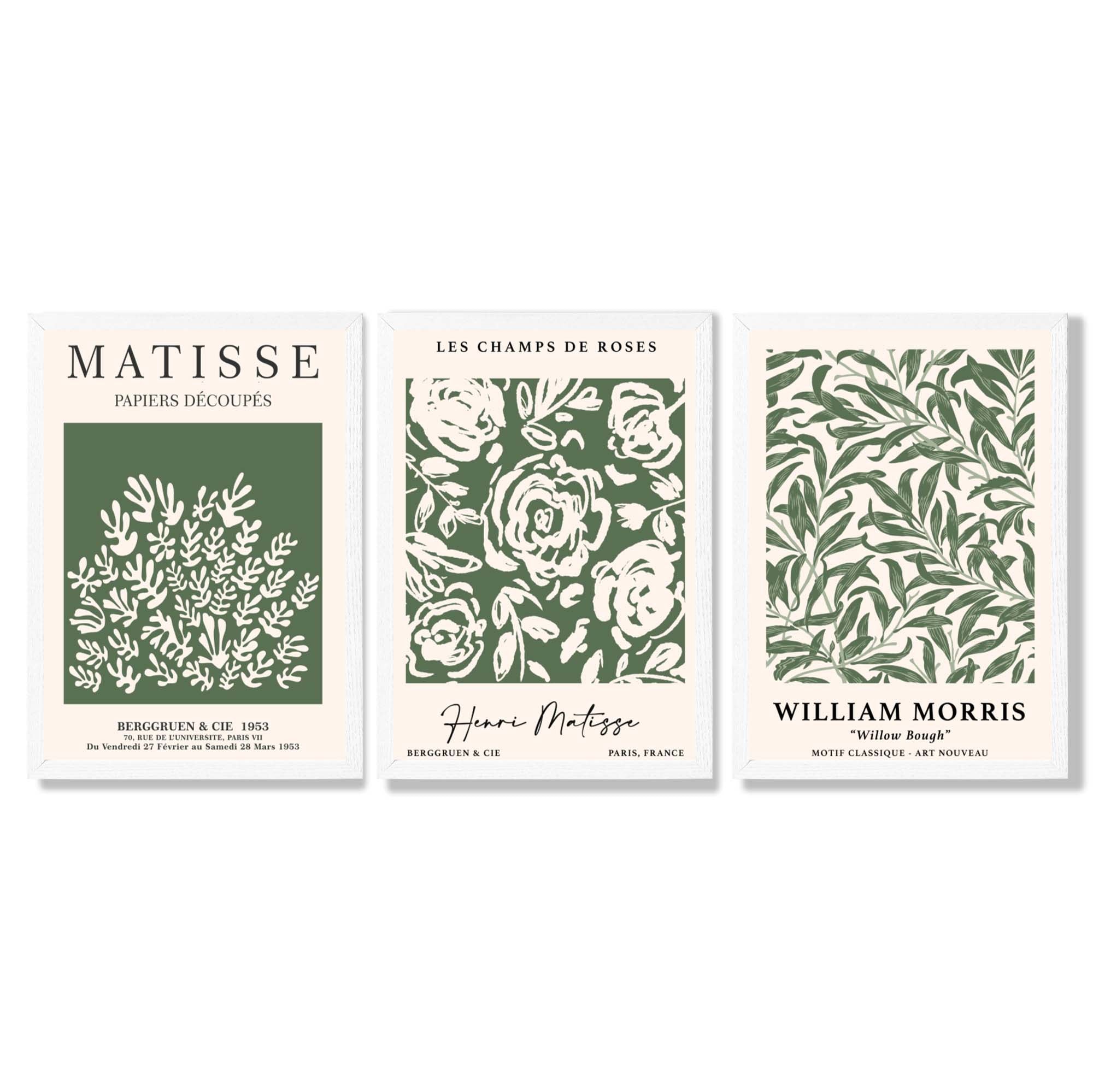Set of 3 Matisse and William Morris Green Floral Framed Art Prints with White Wooden Frames
