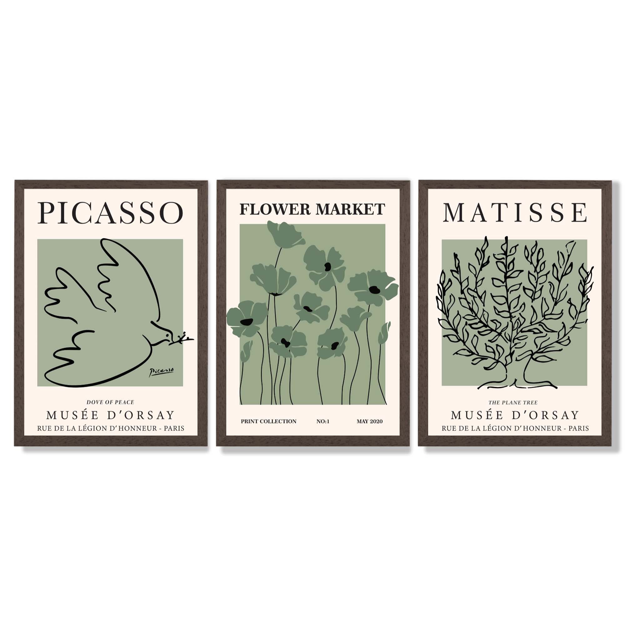 Set of 3 Matisse and Picasso Green Floral Framed Art Prints with Dark Wood Frames