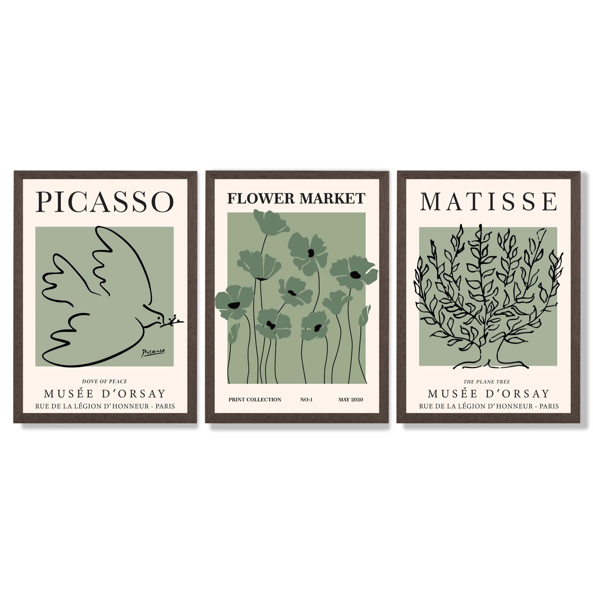Set of 3 Matisse and Picasso Green Floral Framed Art Prints with Dark Wood Frames