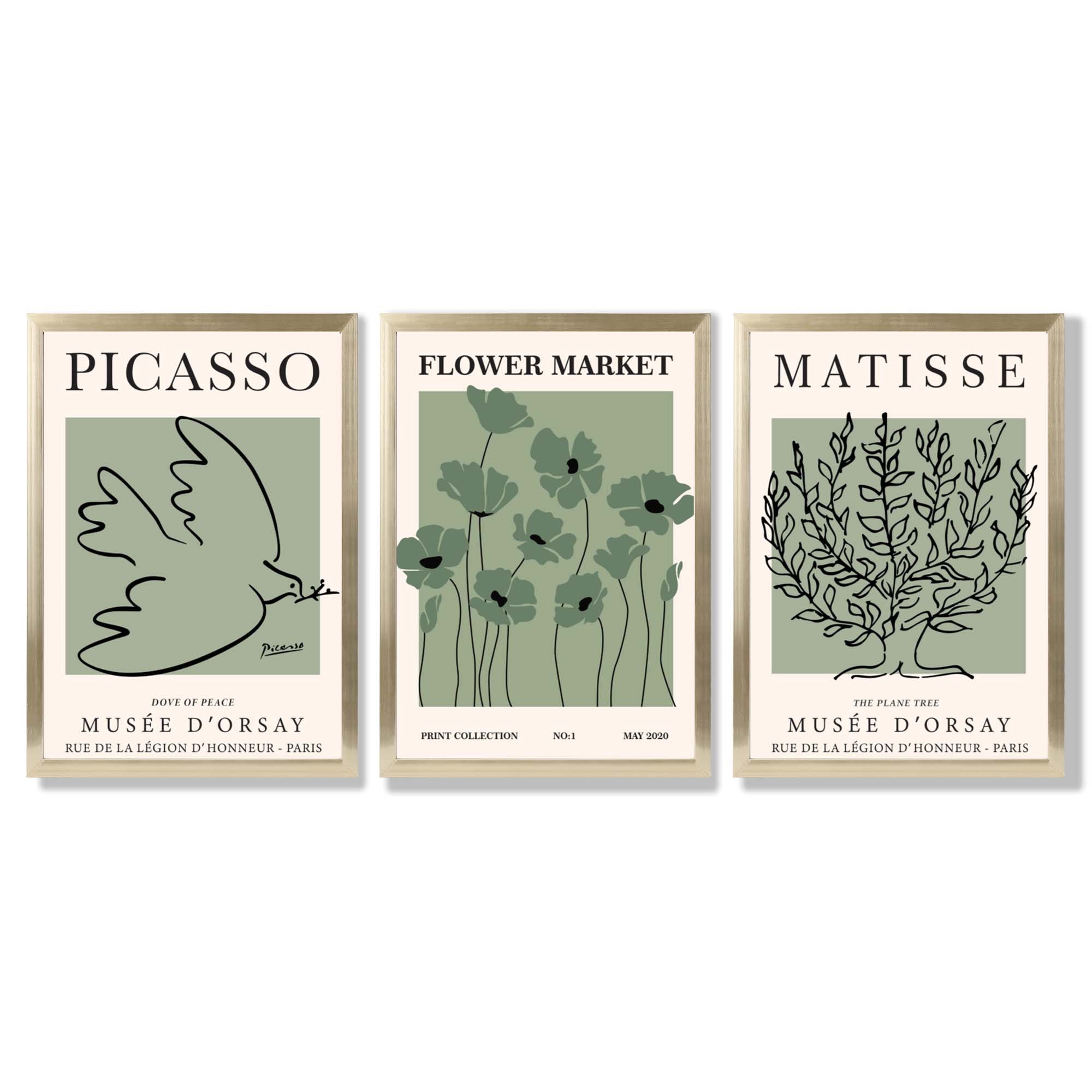 Set of 3 Matisse and Picasso Green Floral Framed Art Prints with Gold Wood Frames