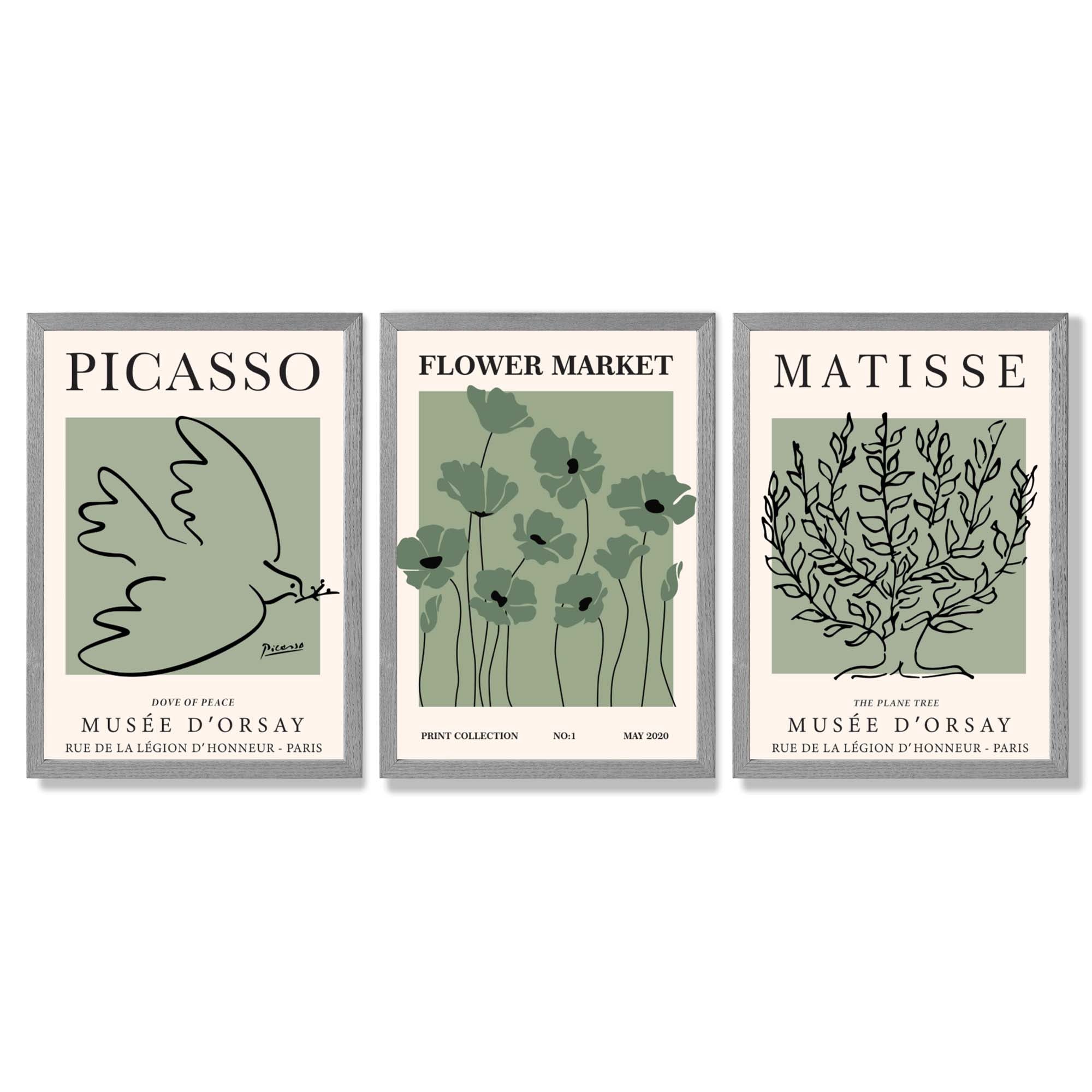 Set of 3 Matisse and Picasso Green Floral Framed Art Prints with Light Grey Wooden Frames