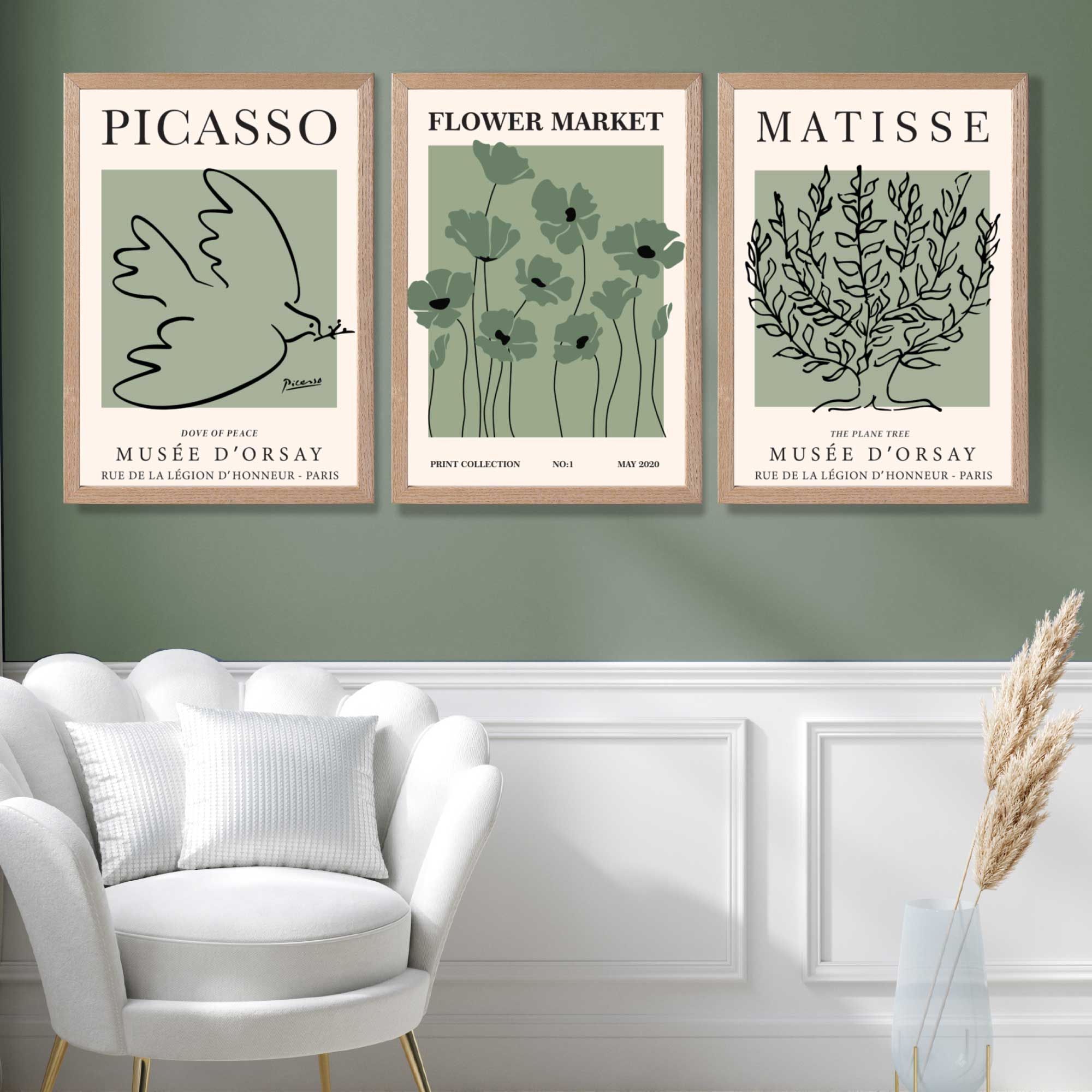 Set of 3 Matisse and Picasso Green Floral Art Prints in White Frames | Artze UK