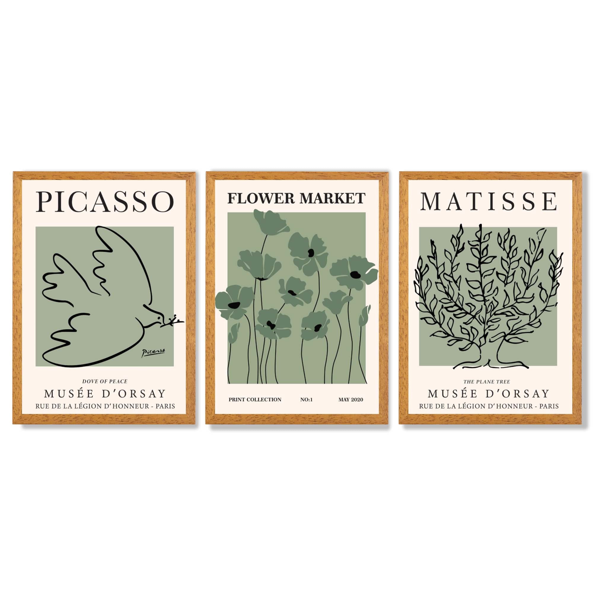 Set of 3 Matisse and Picasso Green Floral Framed Art Prints with Oak Wooden Frames