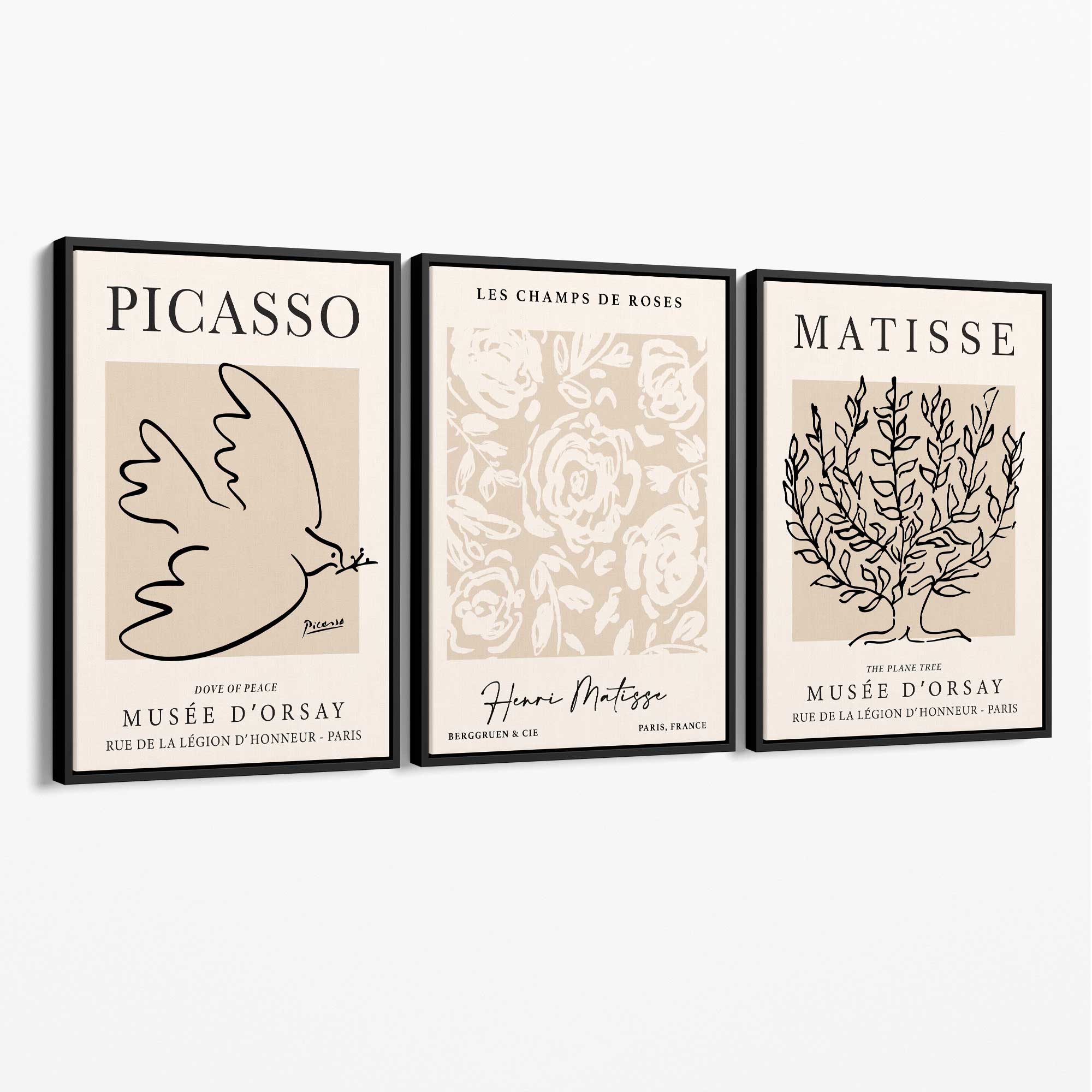 Set of 3 Matisse and Picasso Beige Floral Canvas Art Prints with Black Float Frame