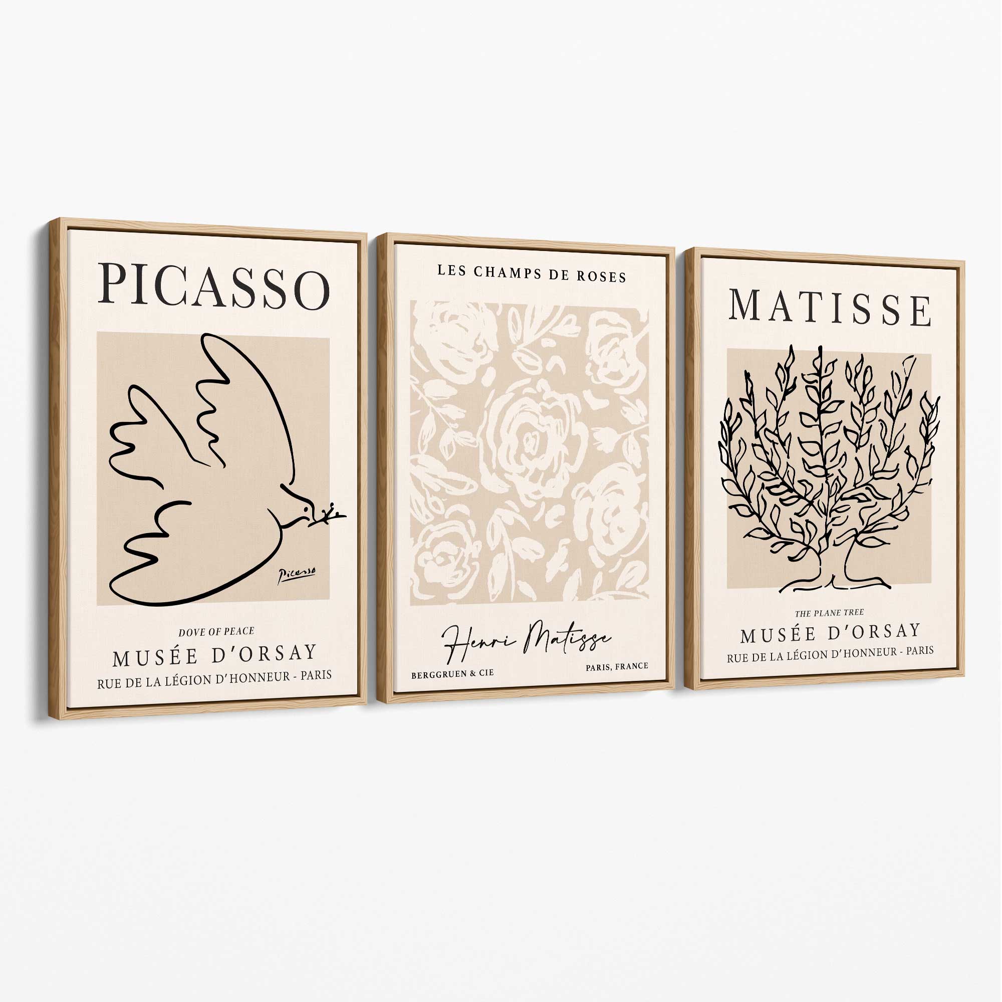 Set of 3 Matisse and Picasso Beige Floral Canvas Art Prints with Oak Float Frame