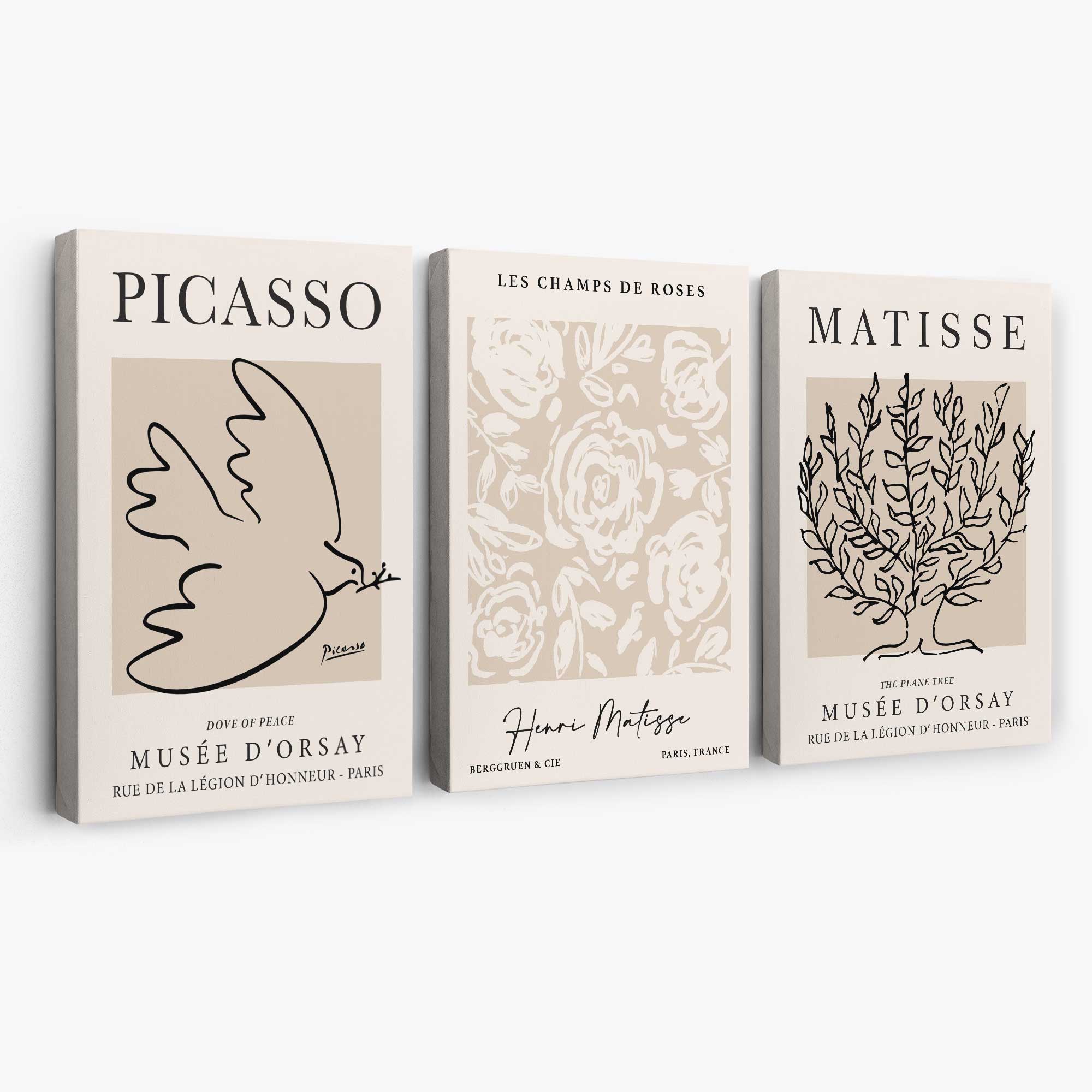 Set of 3 Matisse and Picasso Beige Floral Canvas Art Prints | Artze Wall Art