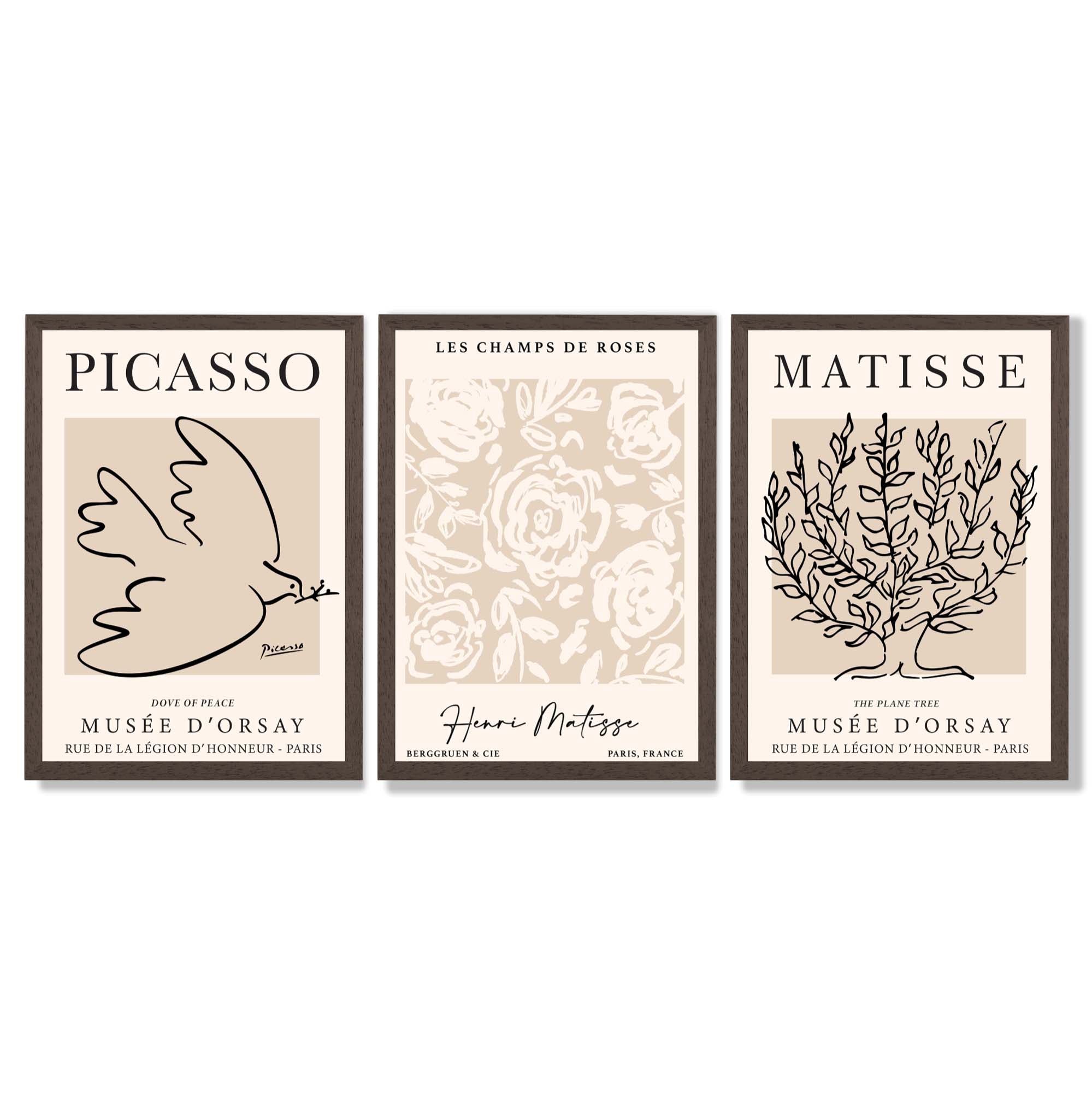 Set of 3 Matisse and Picasso Beige Floral Framed Art Prints with Dark Wood Frames