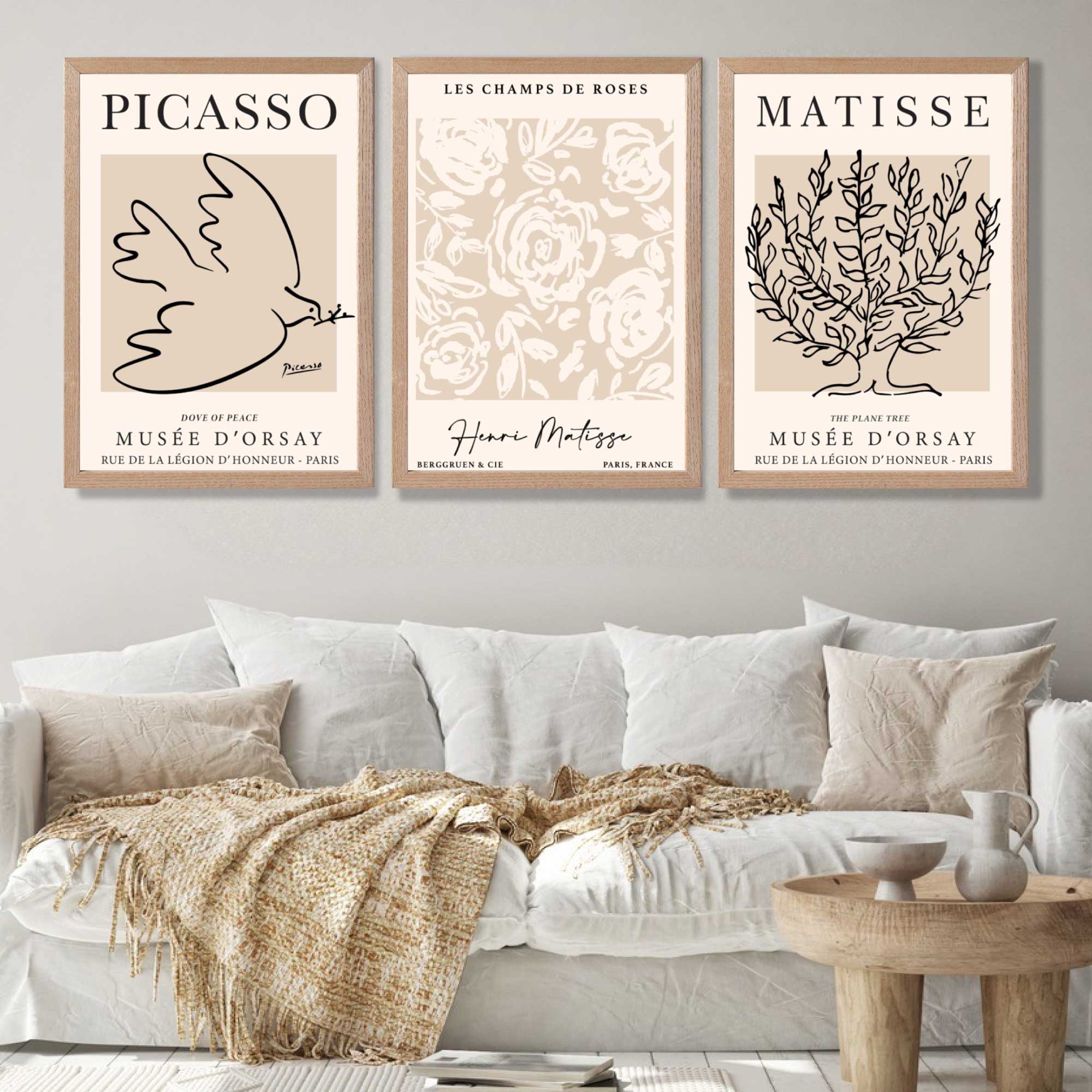 Set of 3 Matisse and Picasso Beige Floral Art Prints in Black Frames | Artze UK