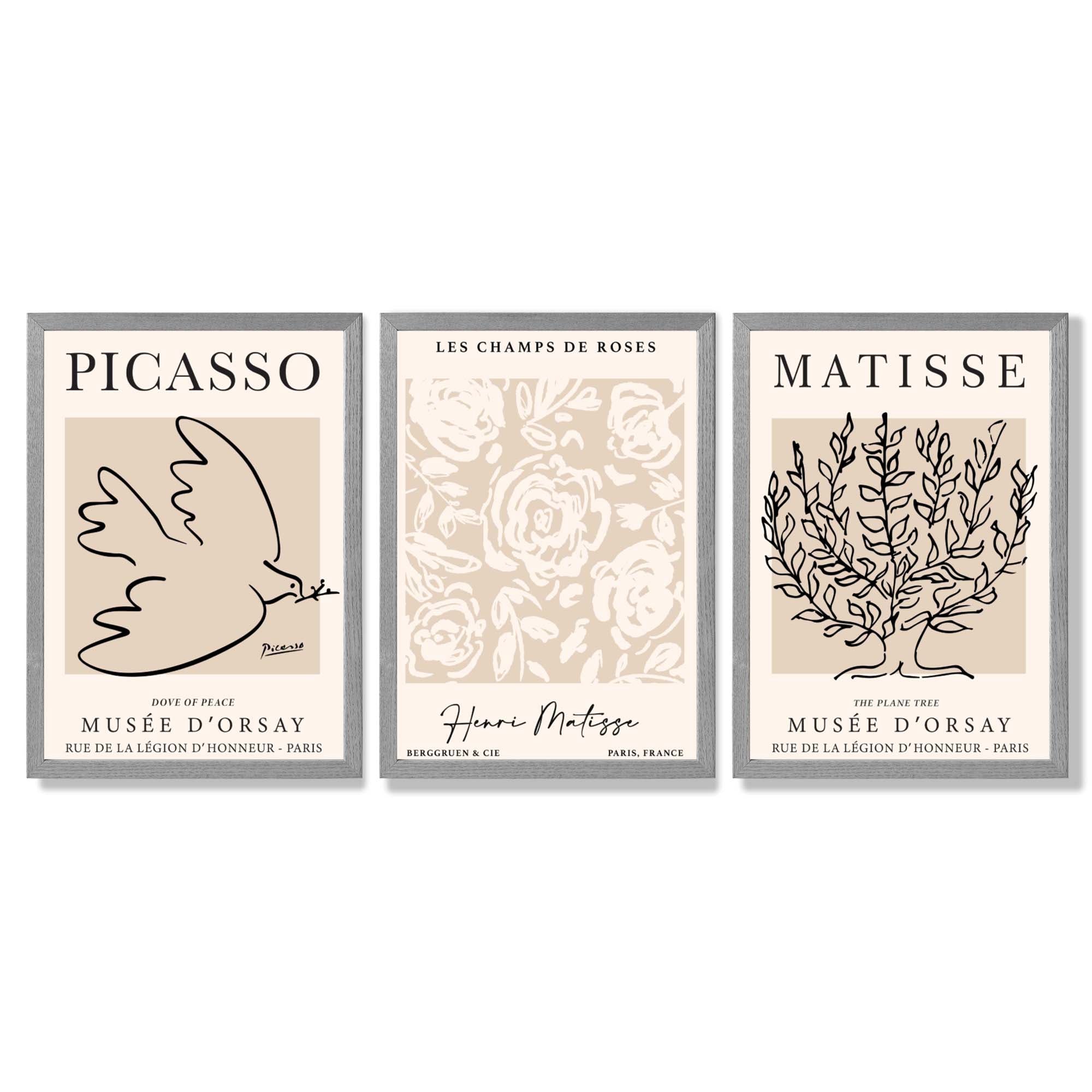 Set of 3 Matisse and Picasso Beige Floral Framed Art Prints with Light Grey Wooden Frames