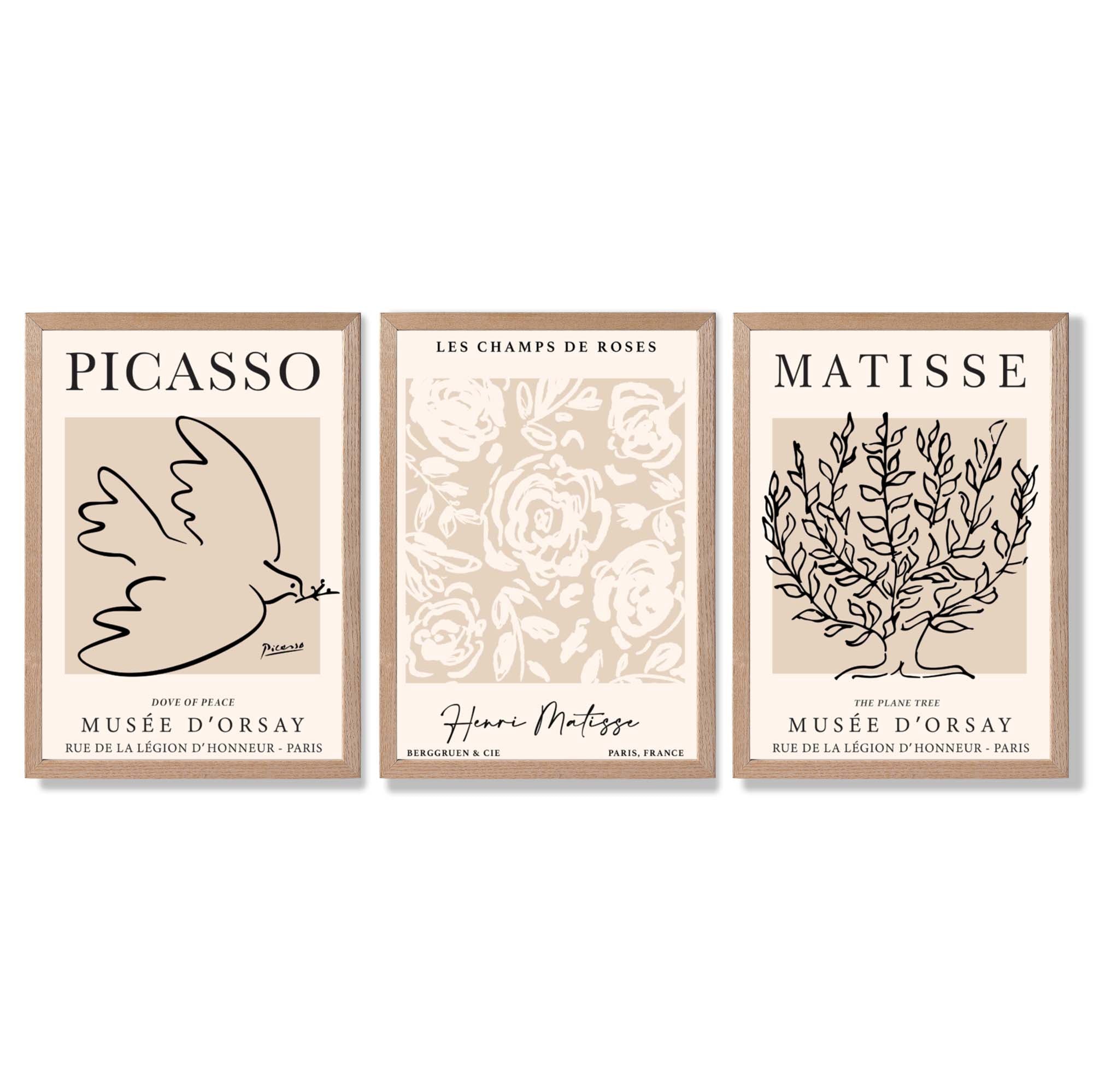 Set of 3 Matisse and Picasso Beige Floral Framed Art Prints with Light Oak Frames