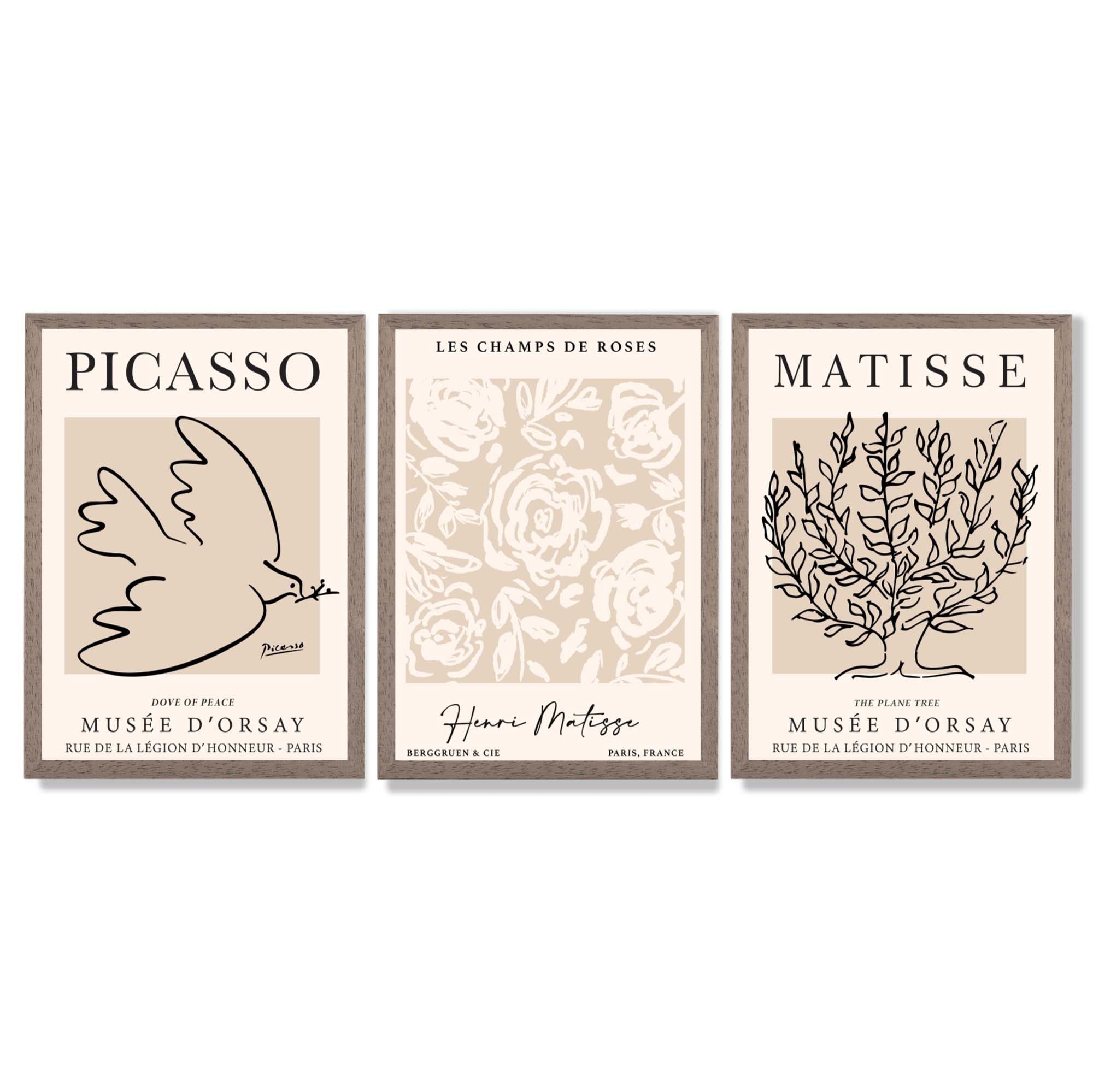 Set of 3 Matisse and Picasso Beige Floral Framed Art Prints with Light Walnut Frames