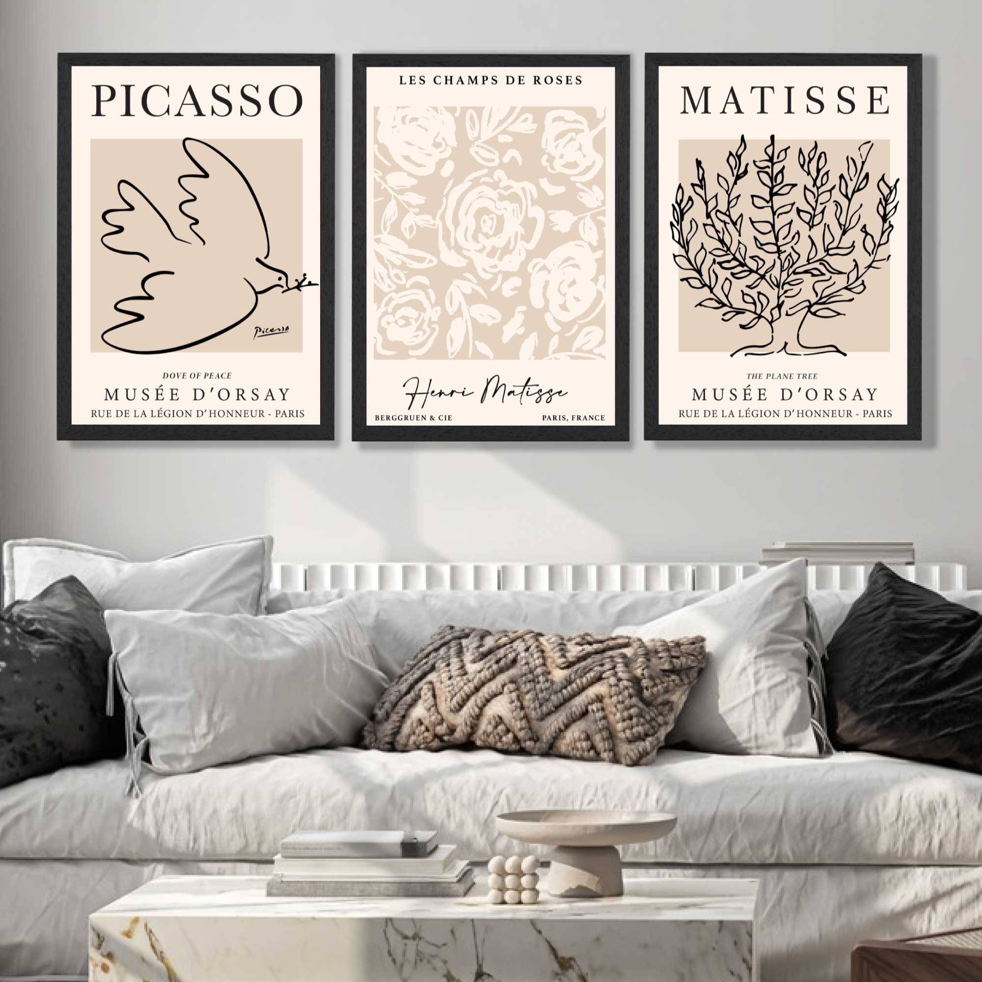 Set of 3 Matisse and Picasso Beige Floral Art Prints in White Frames | Artze UK