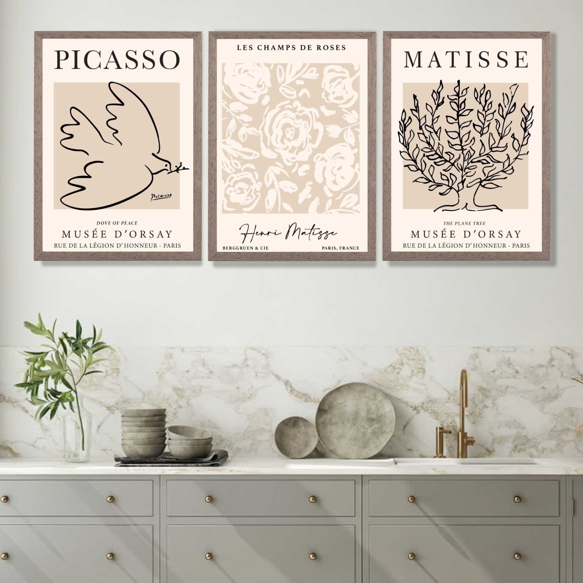 Set of 3 Matisse and Picasso Beige Floral Art Prints in Oak Frames | Artze UK