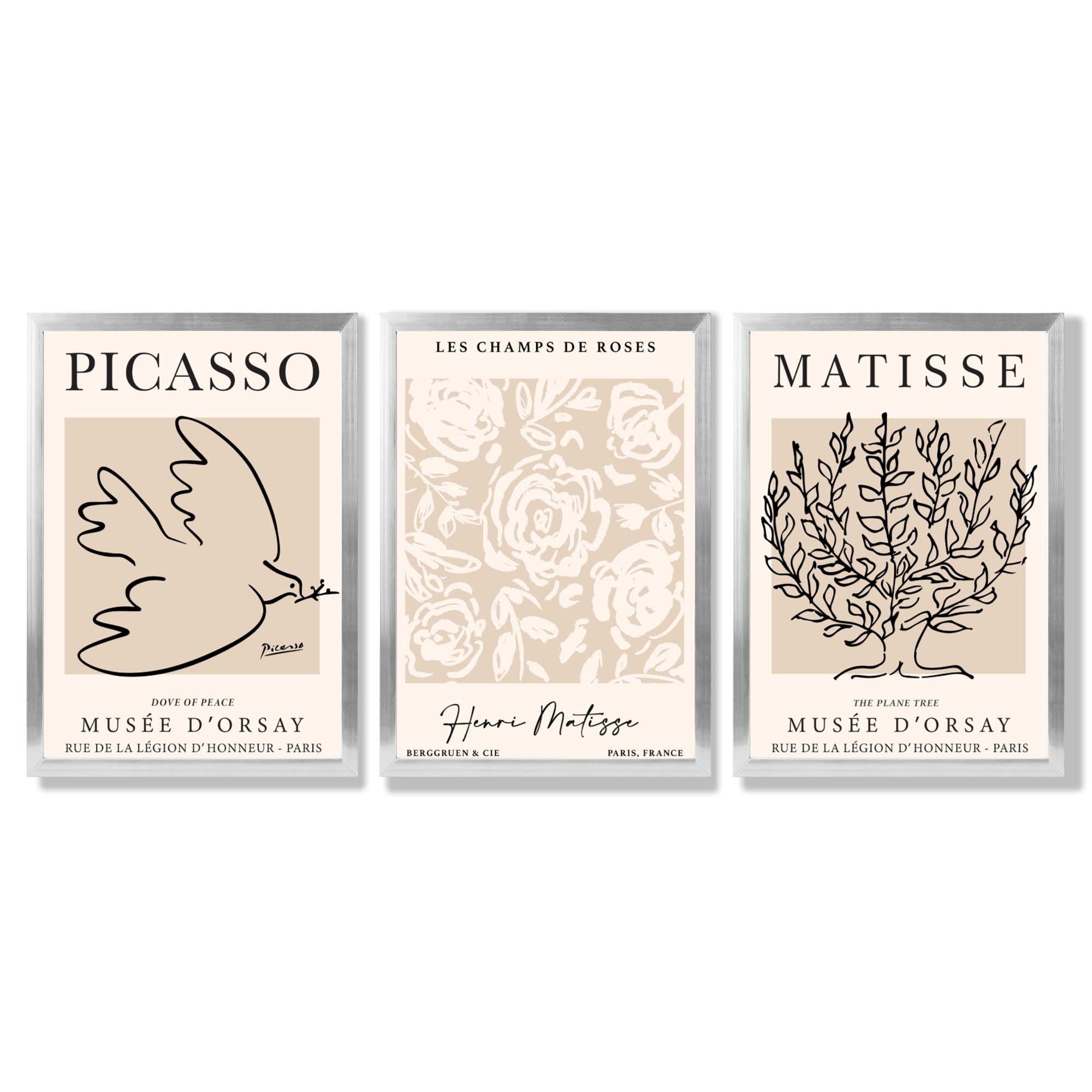 Set of 3 Matisse and Picasso Beige Floral Framed Art Prints with Silver Wood Frames