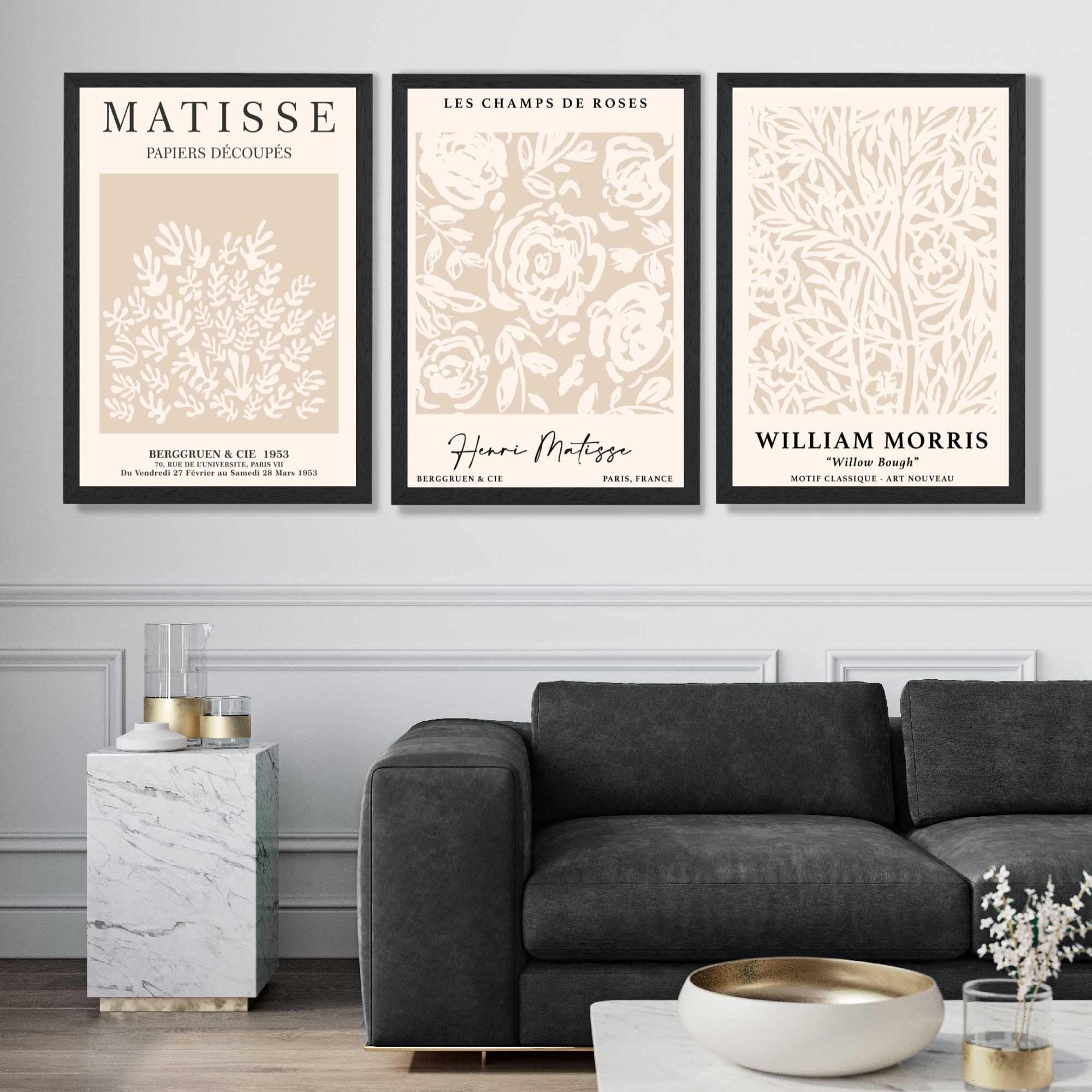 Set of 3 Matisse and William Morris Beige Floral Art Prints in Black Frames | Artze UK