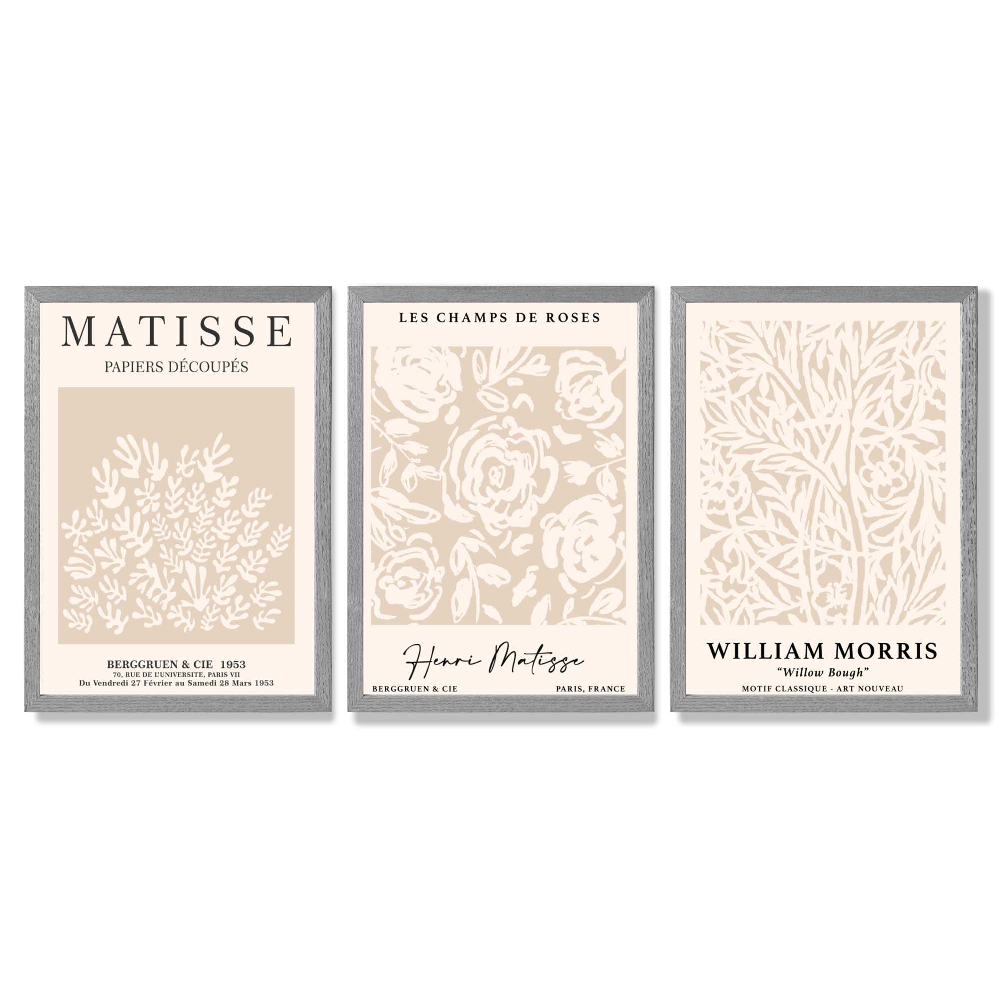Set of 3 Matisse and William Morris Beige Floral Framed Art Prints with Light Grey Wooden Frames