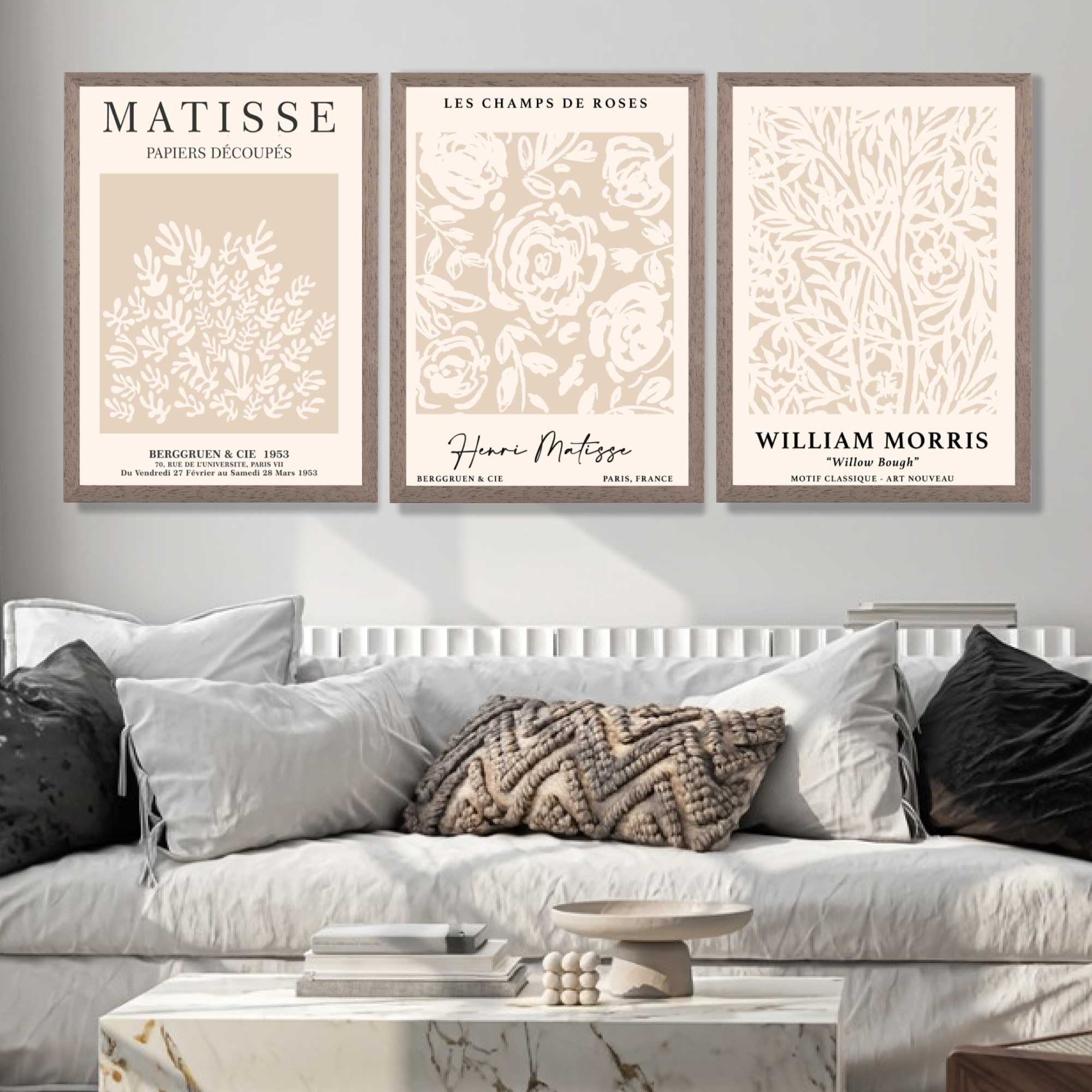 Set of 3 Matisse and William Morris Beige Floral Art Prints in White Frames | Artze UK