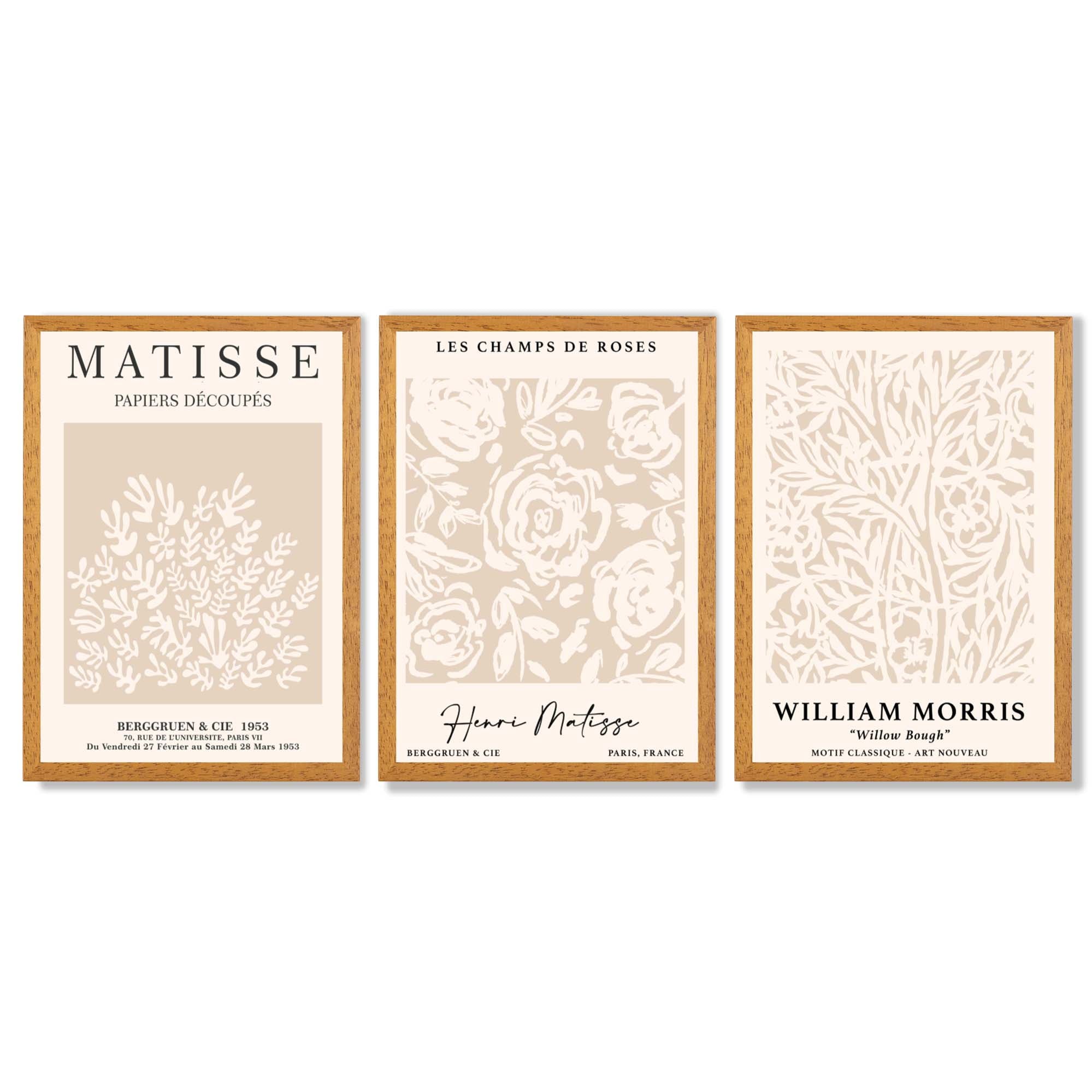 Set of 3 Matisse and William Morris Beige Floral Framed Art Prints with Oak Wooden Frames