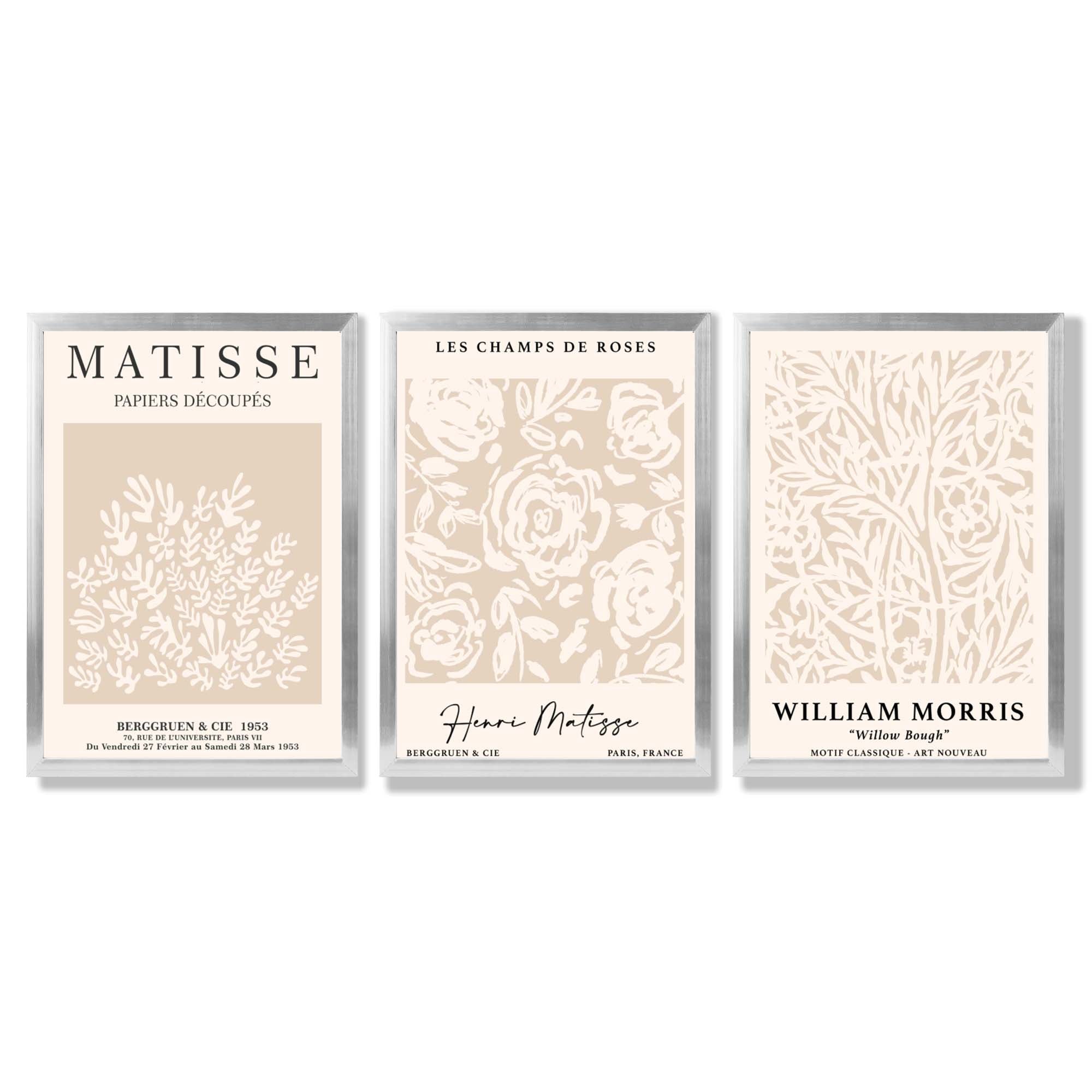 Set of 3 Matisse and William Morris Beige Floral Framed Art Prints with Silver Wood Frames