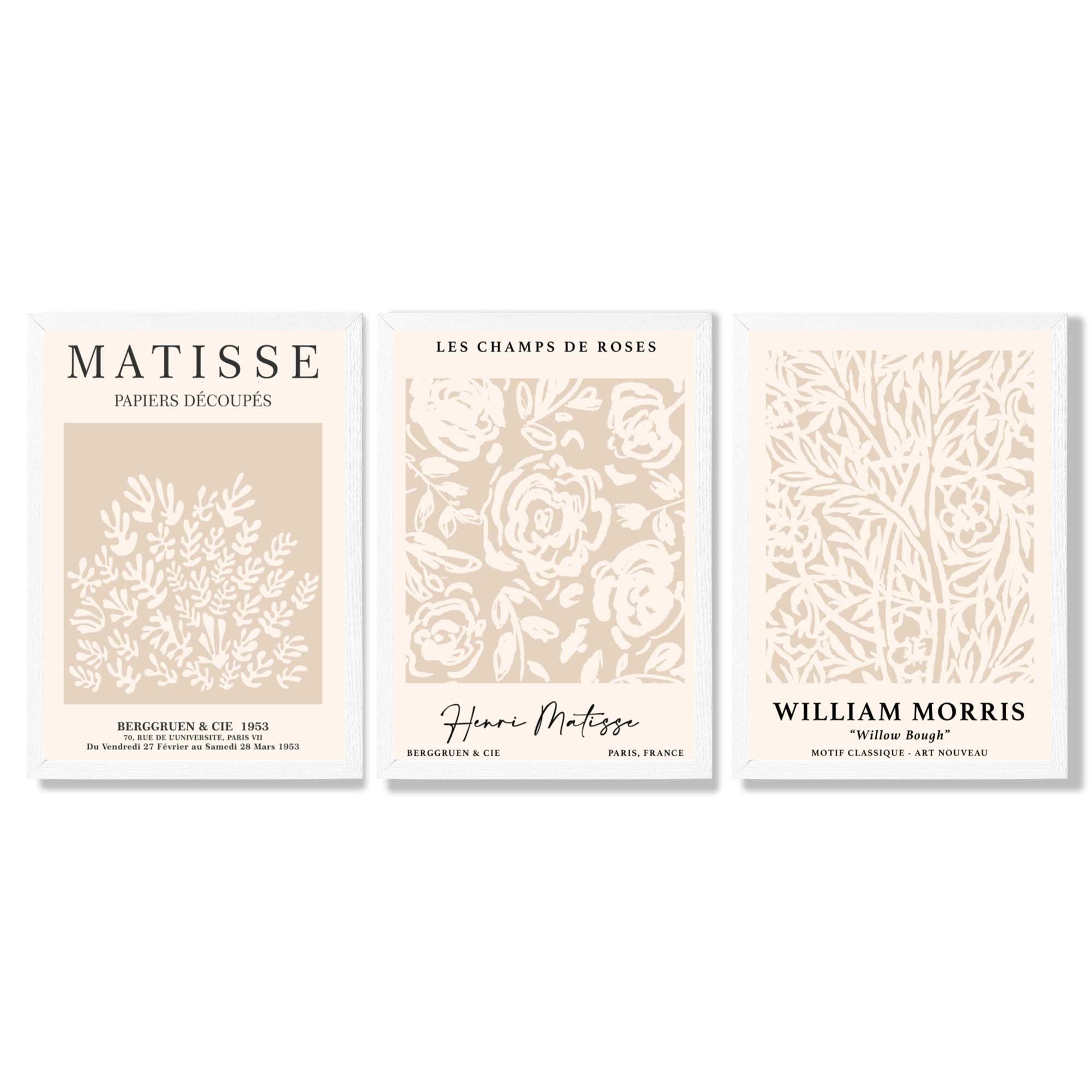 Set of 3 Matisse and William Morris Beige Floral Framed Art Prints with White Wooden Frames