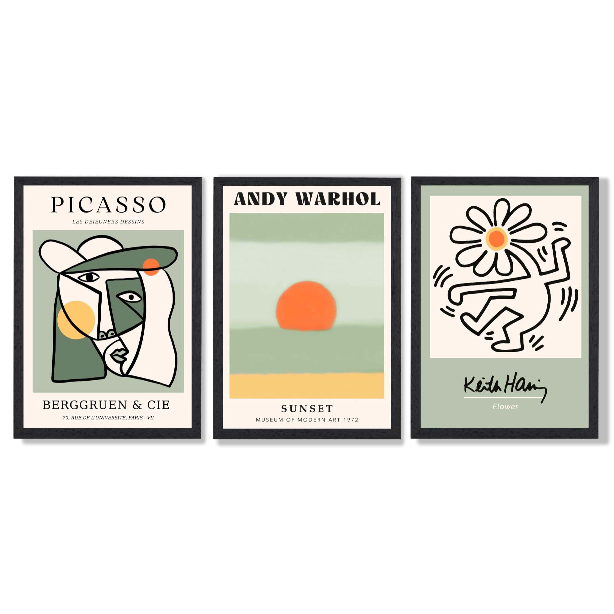 Set of 3 Abstract Picasso, Warhol, Haring Green Framed Art Prints with Black Wooden Frames