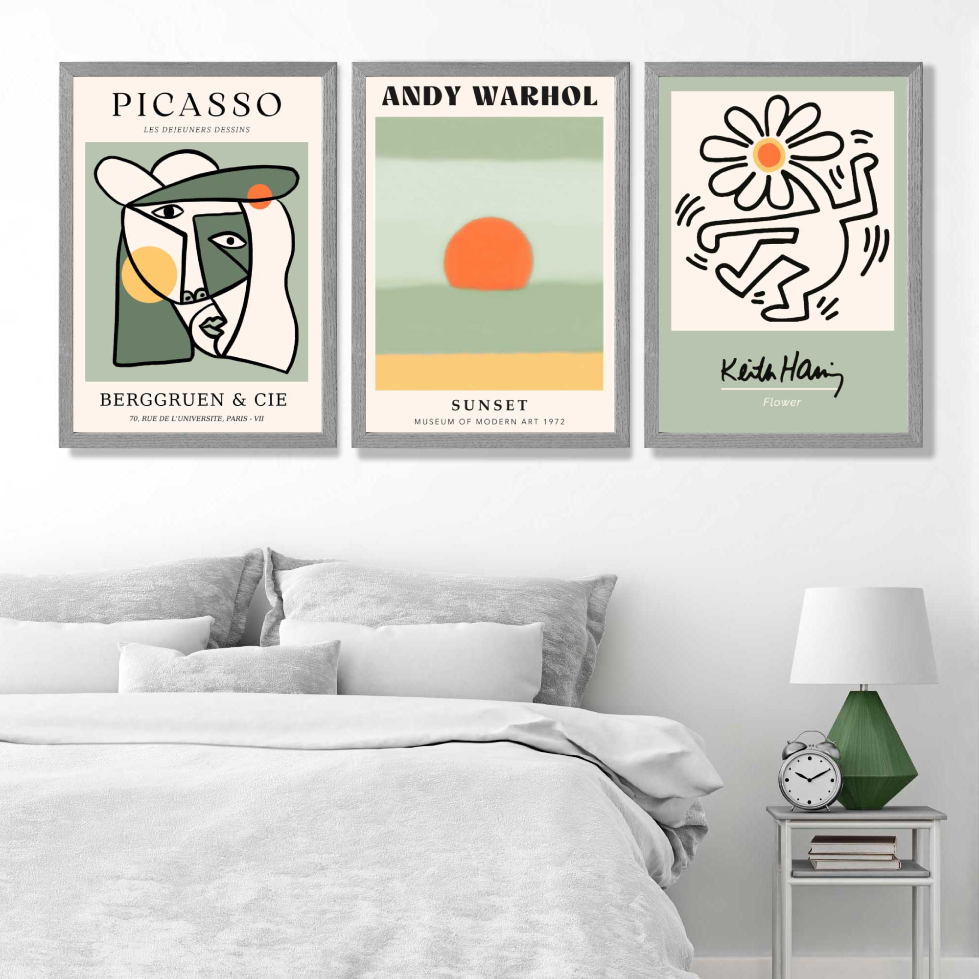 Set of 3 Abstract Picasso, Warhol, Haring Green Art Prints in White Frames | Artze UK