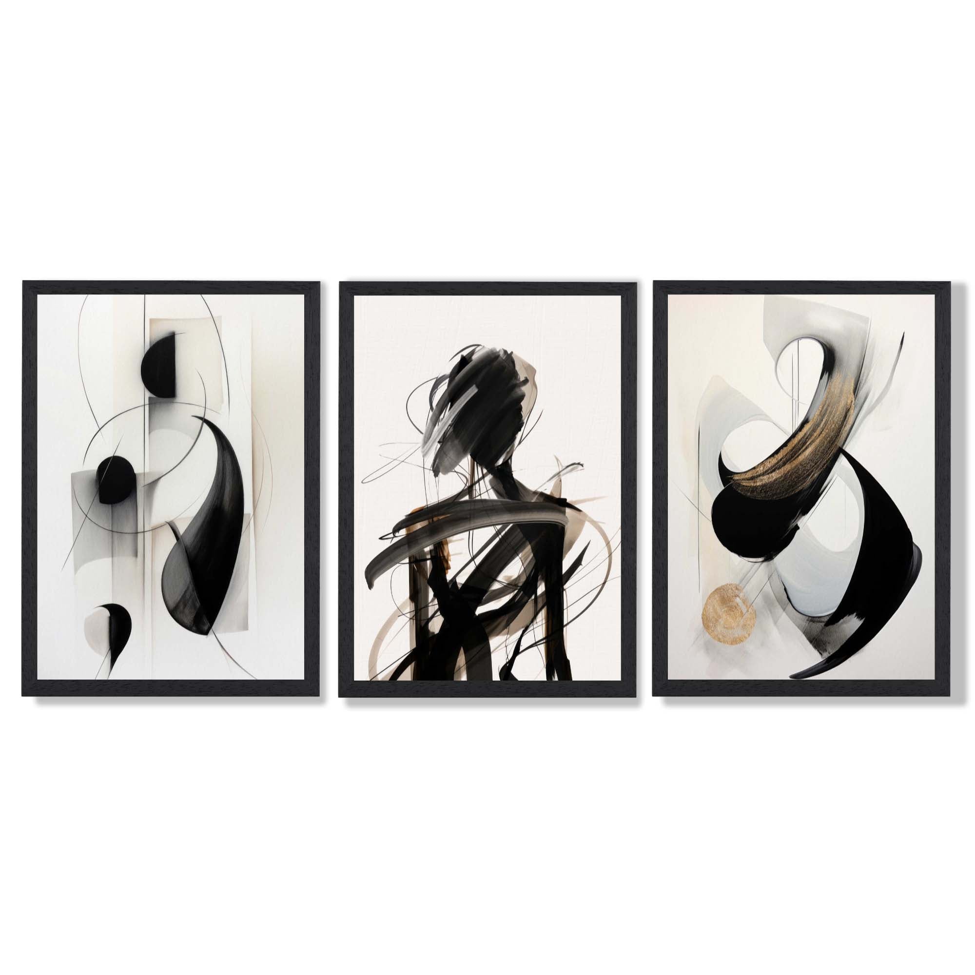 Set of 3 Abstract Black and Beige Framed Art Prints with Black Wooden Frames