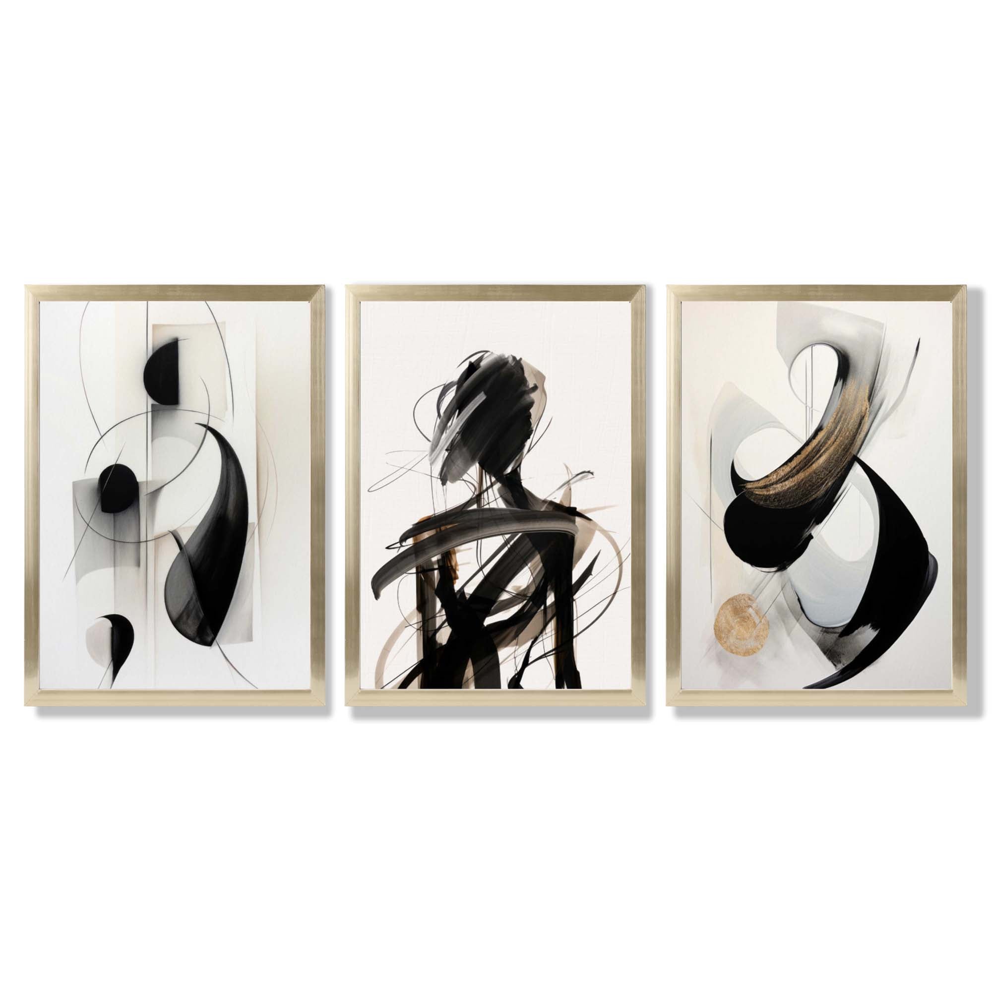 Set of 3 Abstract Black and Beige Framed Art Prints with Gold Wood Frames
