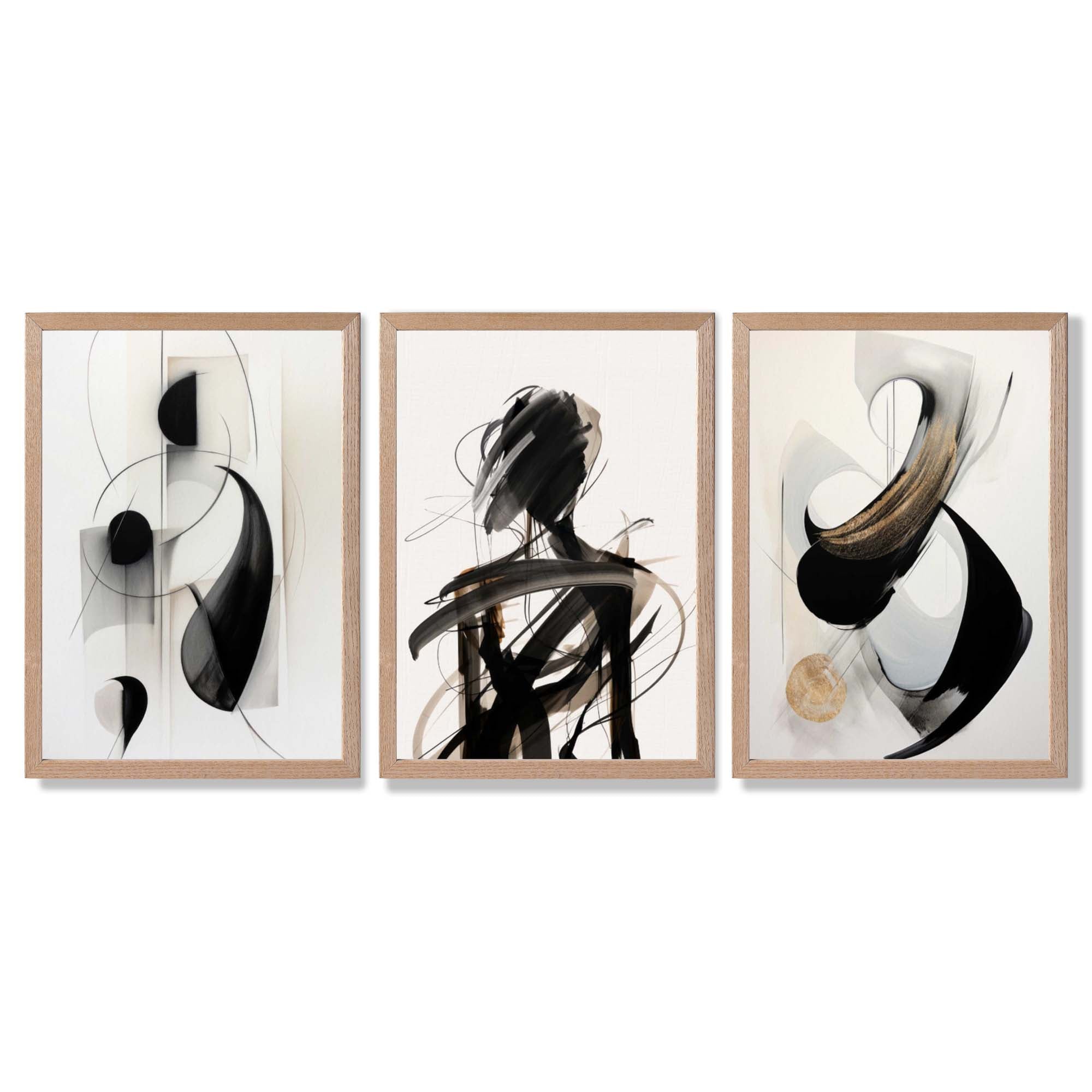 Set of 3 Abstract Black and Beige Framed Art Prints with Light Oak Frames