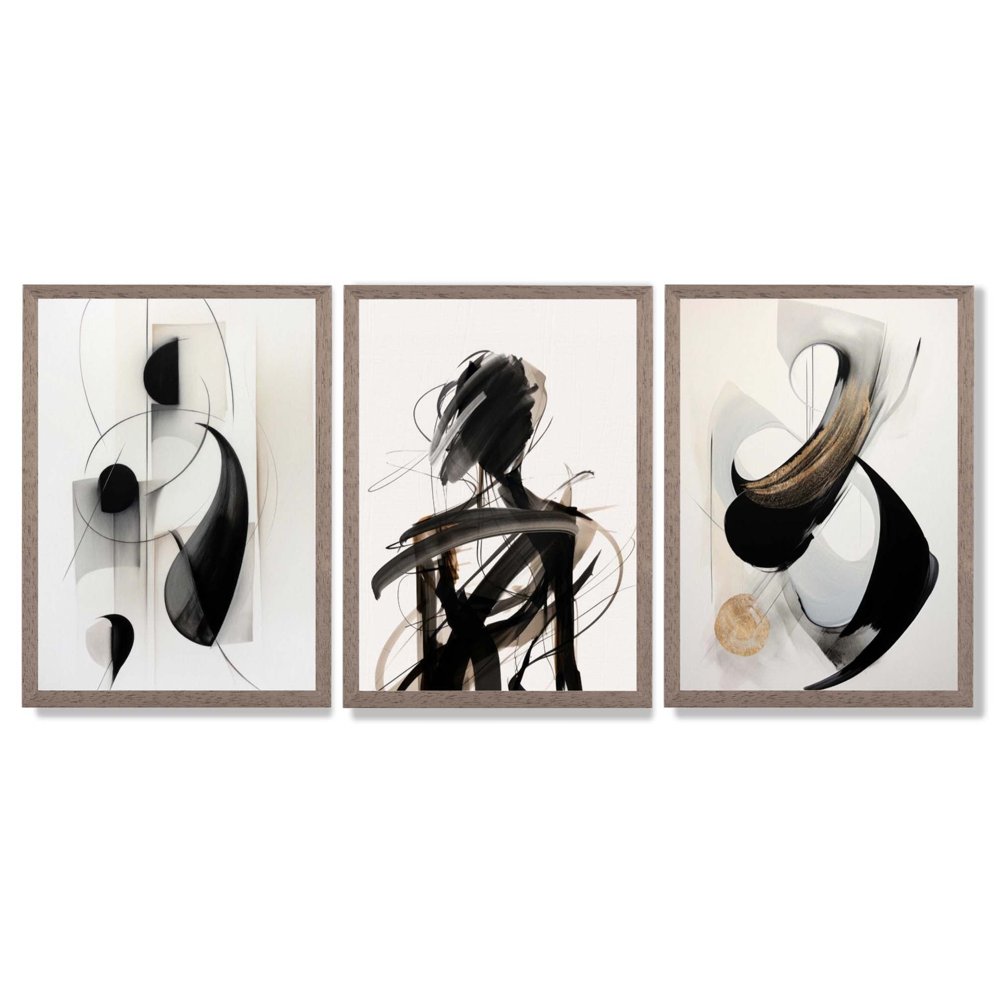Set of 3 Abstract Black and Beige Framed Art Prints with Light Walnut Frames
