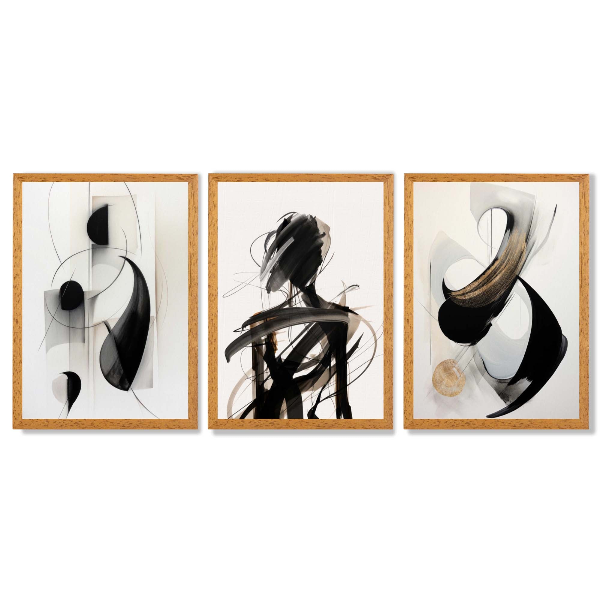 Set of 3 Abstract Black and Beige Framed Art Prints with Oak Wooden Frames