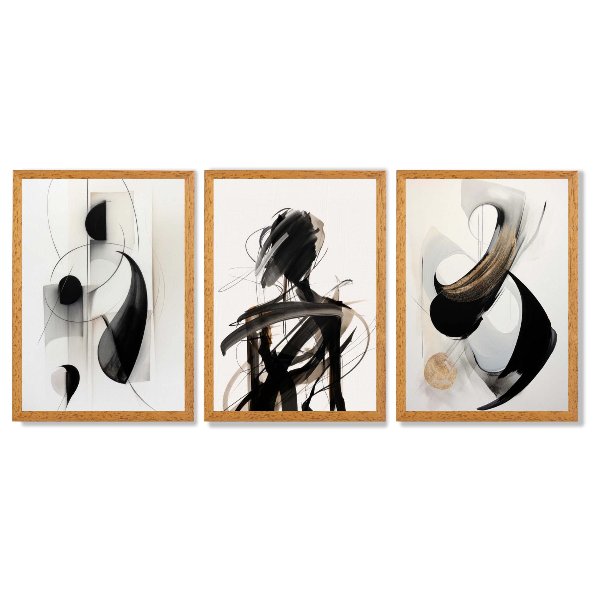 Set of 3 Abstract Black and Beige Framed Art Prints with Oak Wooden Frames