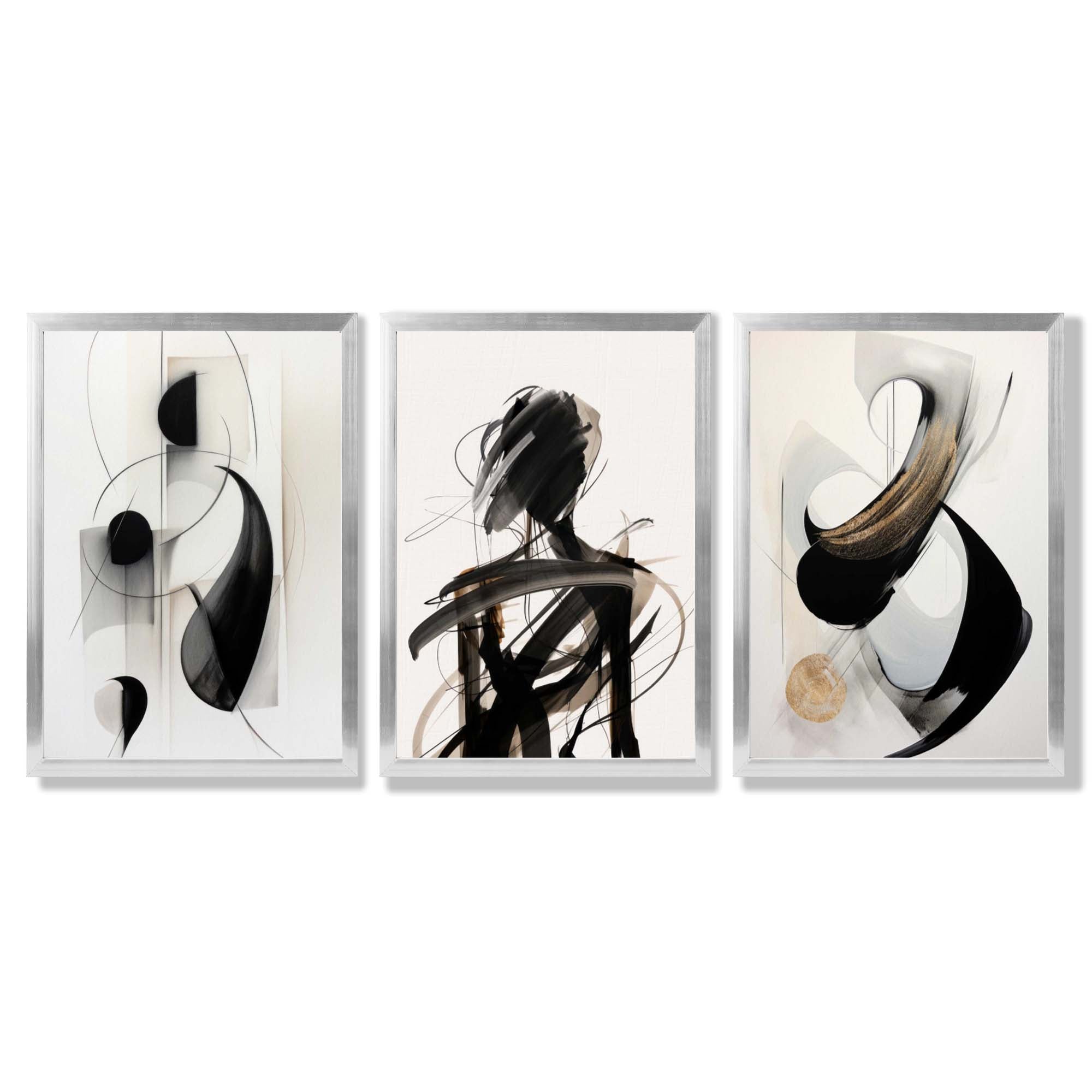 Set of 3 Abstract Black and Beige Framed Art Prints with Silver Wood Frames