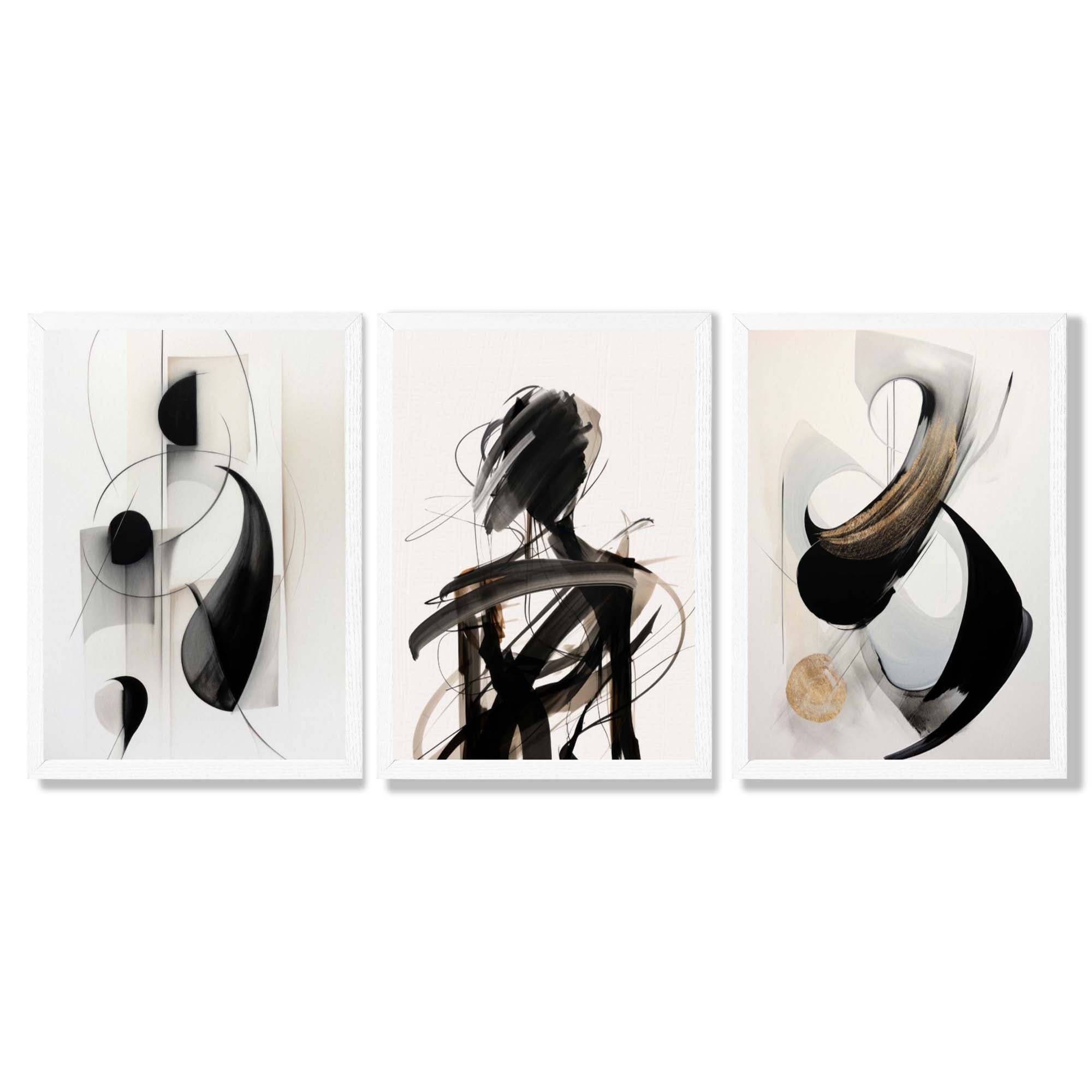 Set of 3 Abstract Black and Beige Framed Art Prints with White Wooden Frames