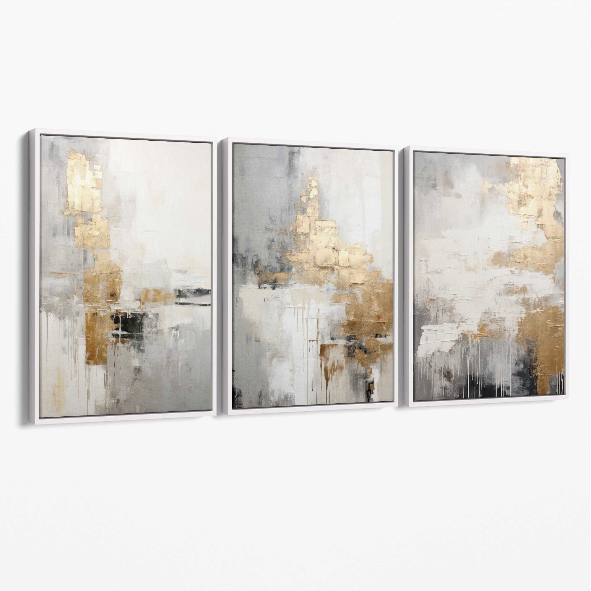 Set of 3 Abstract Beige and Gold Canvas Art Prints with White Float Frame
