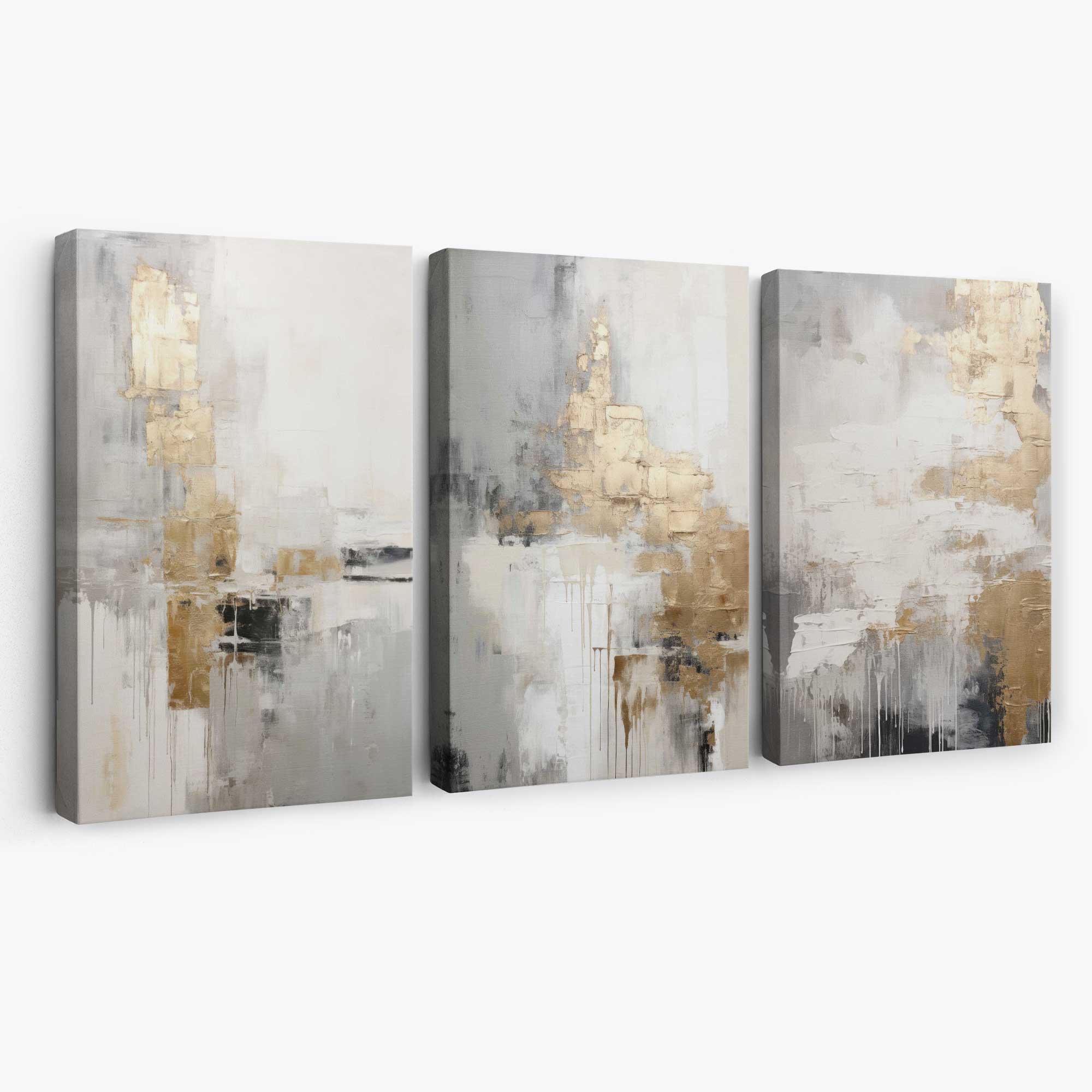 Set of 3 Abstract Beige and Gold Canvas Art Prints | Artze Wall Art