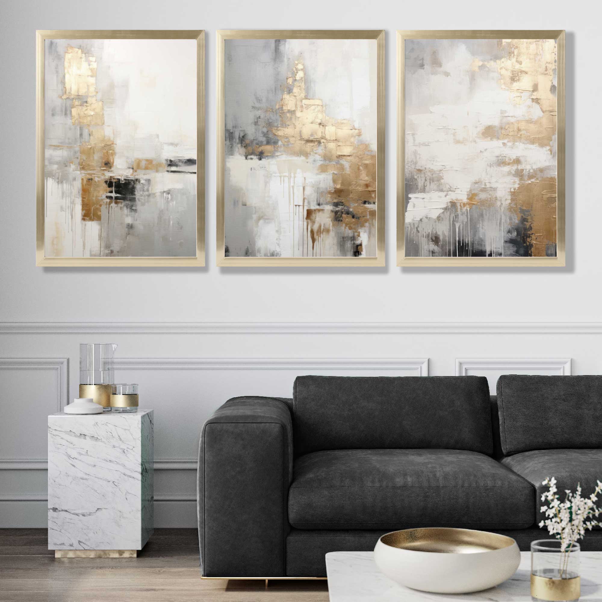 Set of 3 Abstract Beige and Gold Art Prints in Black Frames | Artze UK