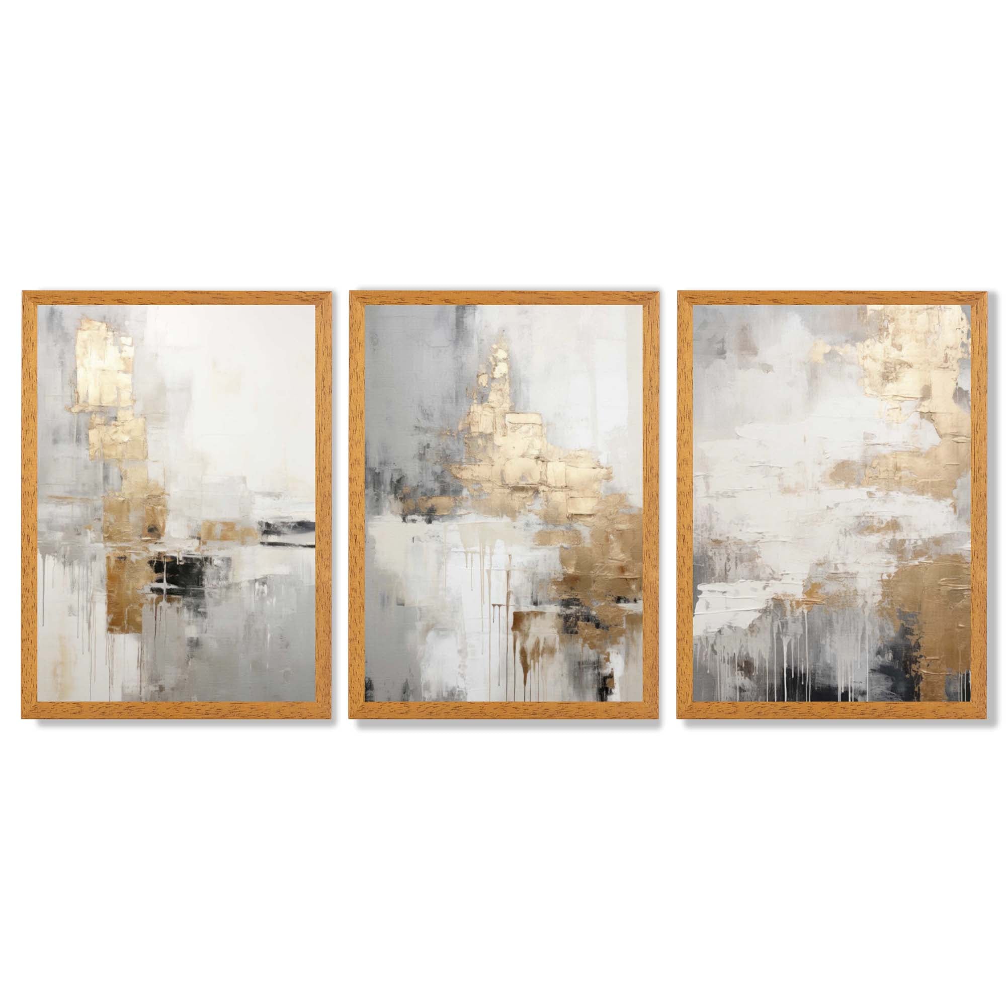 Set of 3 Abstract Beige and Gold Framed Art Prints with Oak Wooden Frames