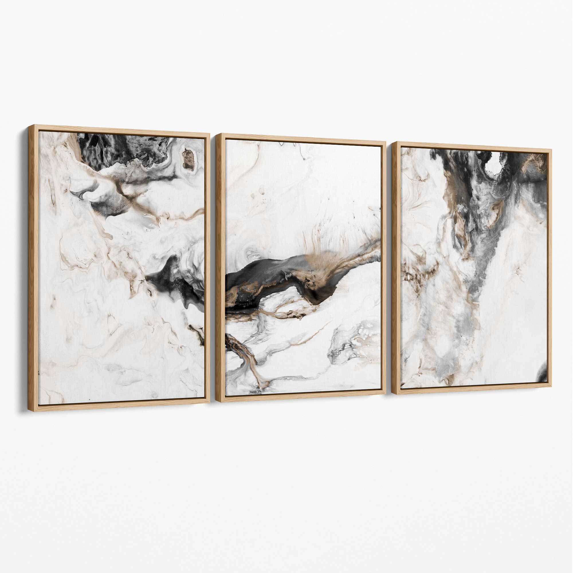 Set of 3 Abstract Beige and Black Canvas Art Prints with Oak Float Frame