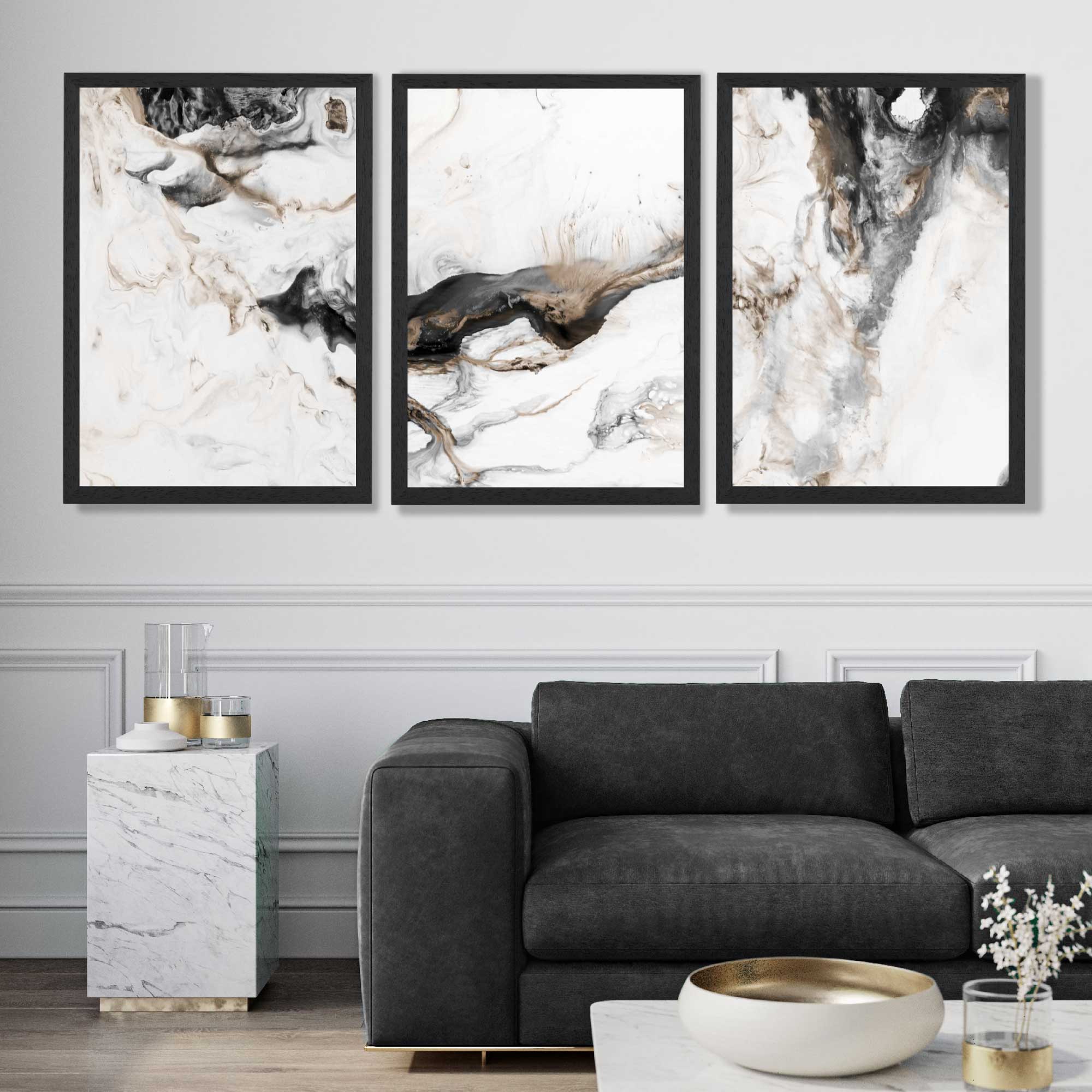 Set of 3 Abstract Beige and Black Art Prints in Black Frames | Artze UK