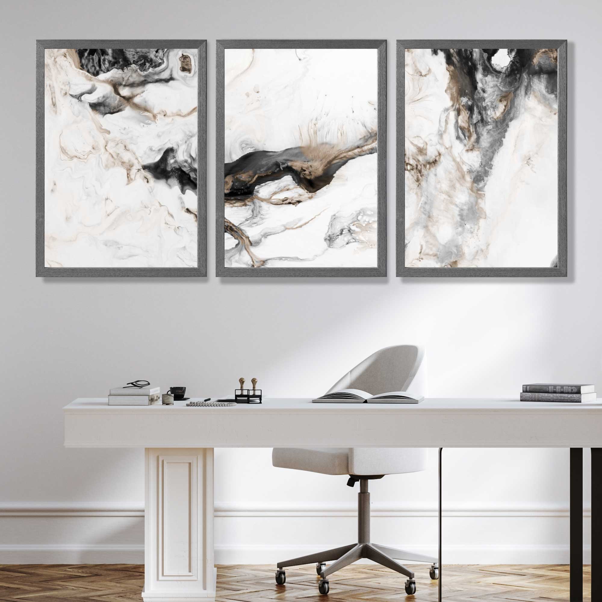Set of 3 Abstract Beige and Black Art Prints in Oak Frames | Artze UK